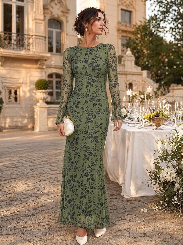 Wenrine Womens Long Sleeve Maxi Dress Floral Mesh Wedding Guest Dresses by Wenrine - Used condition - Image 3