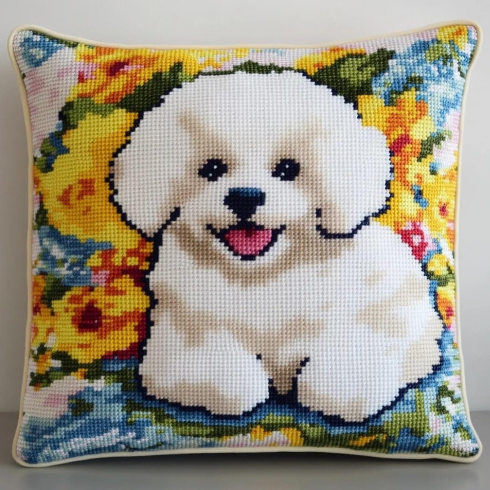 WallustrioaW Embroidery Kit Cross Stitch Cushion Kits,Bichon Frise,Embroidery Cushion for Creative Home Decor — Needlework for Adult Beginners,45x45cm