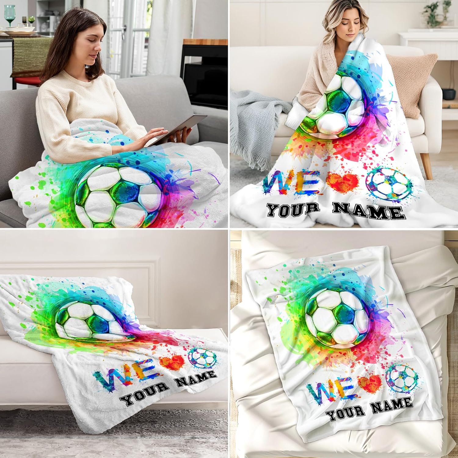 Personalized Soccer Throw Blanket with Name - Soft, Fuzzy & Warm - 40x50 Inches Crib Size Blanket for Couch, Office - Colorful Cute Throw Gift for Girls, Boys