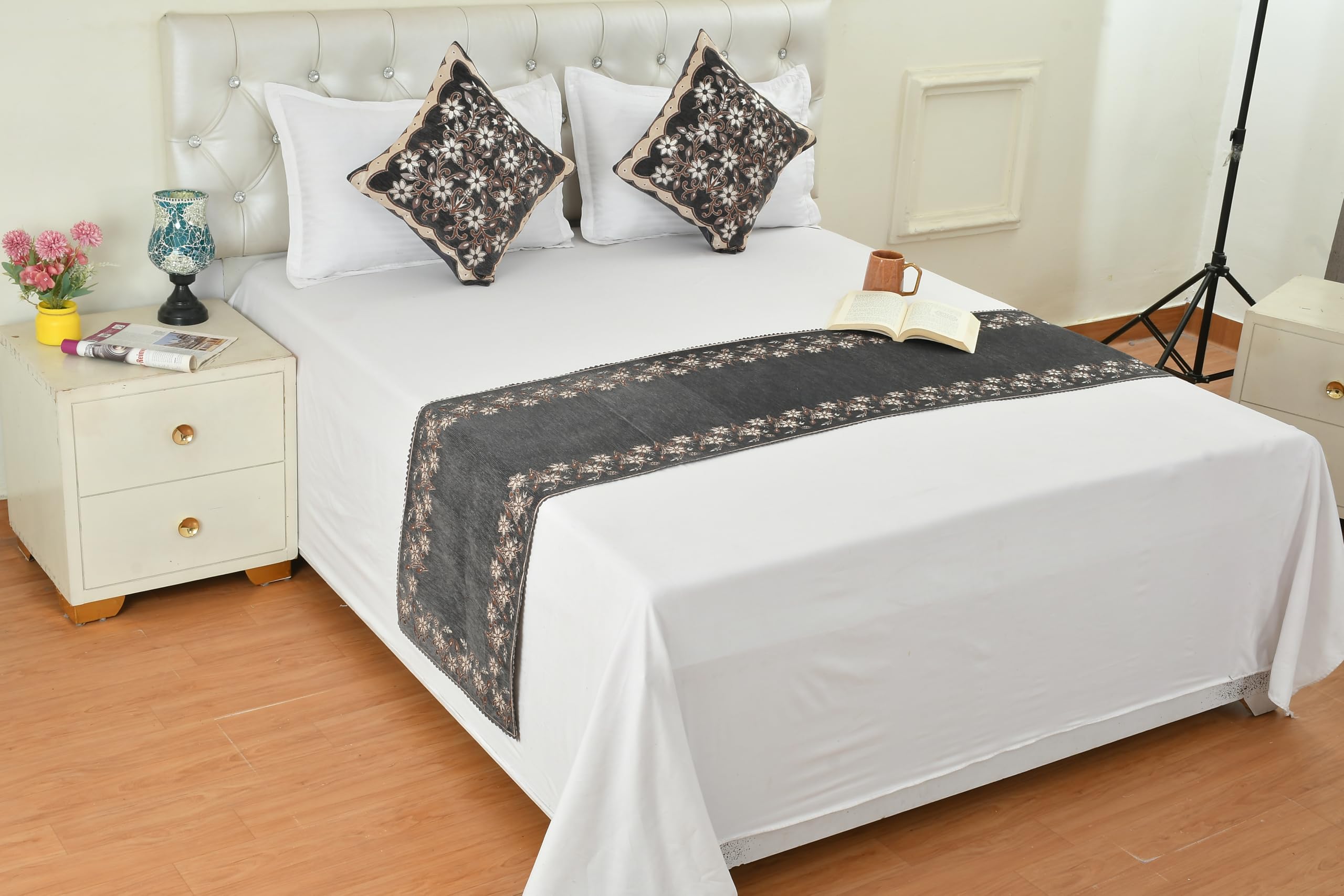 Shri Anand Creations Soft Chennile Fabric Bed Runner Scarf with Matching Cushion Covers/Slipcover Mattress Protector/Bed Linen Scarf/Decorative Set for Bedrooms/Hotel Rooms- Gray-image-30