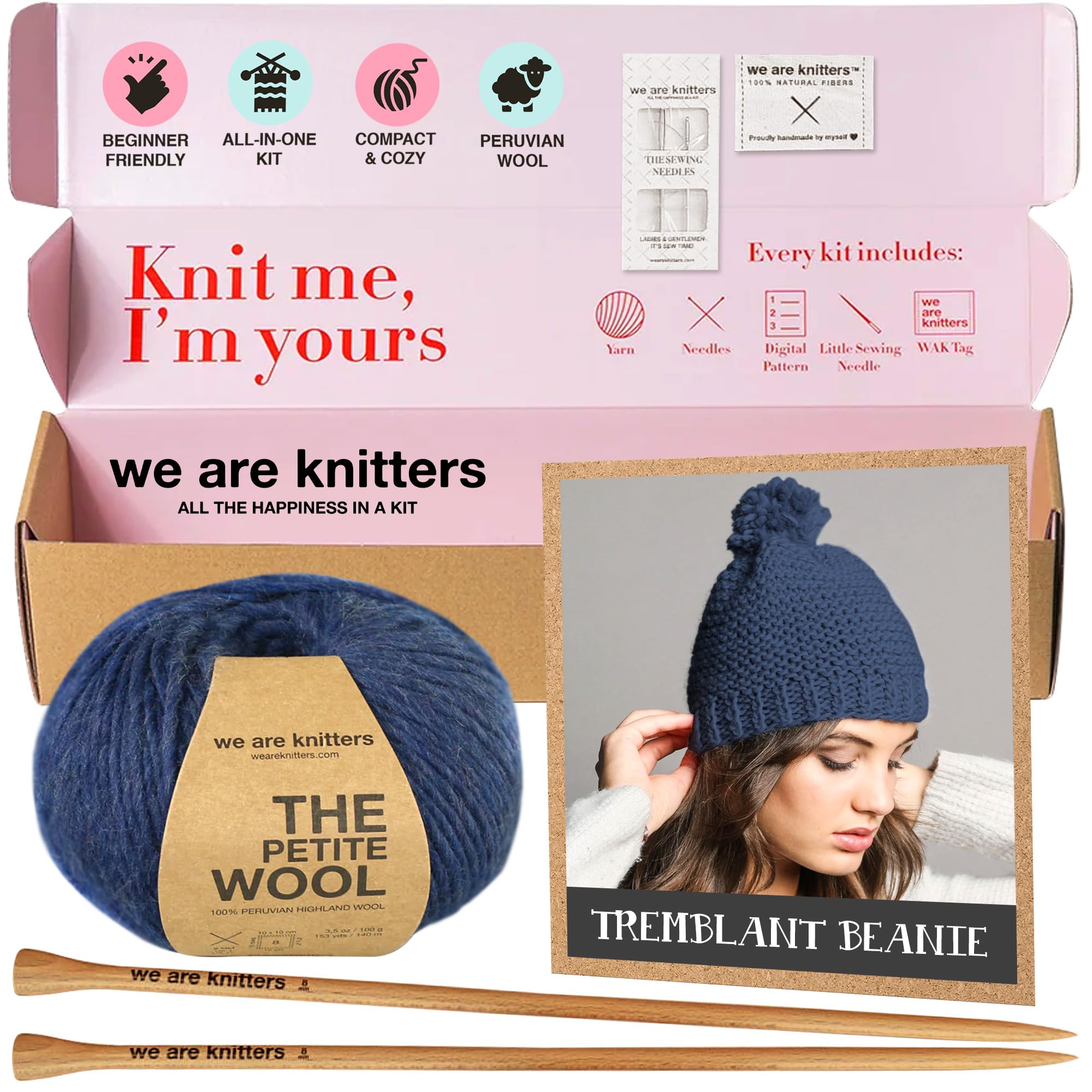We Are Knitters Tremblant Beanie Strickset für Anfänger – Kompletter DIY Mütze-Strickkit mit Wolle, Nadeln & Anleitung – Handarbeits-Set aus 100% natürlicher Wolle für warme Winter-Mützen