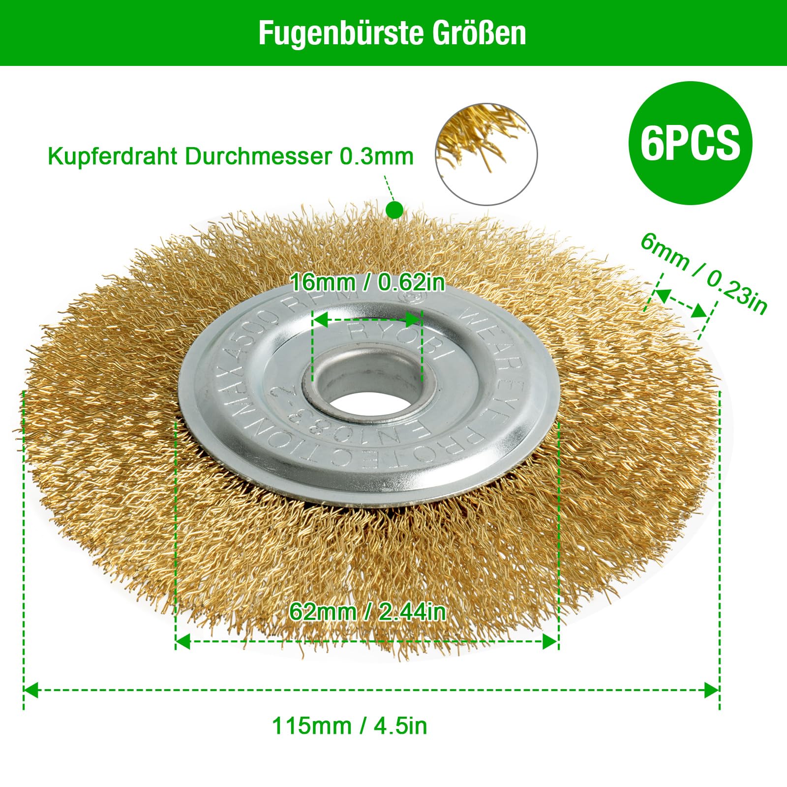 Fugenbürste 6er Set, Kompatibel mit Gloria Multibrush und Anderen Drahtbürsten, 11.5cm Durchmesser - Hochwertige Messingbürste, Garten Weedbrush Zubehör zur Entfernung von Unkraut Moos Steinen