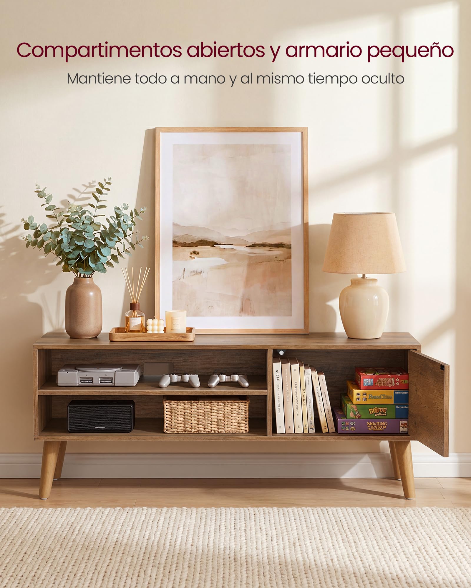 VASAGLE Mueble TV, Mesa de TV, para Televisores de hasta 55 Pulgadas, Largo de 120 cm, Centro de Entretenimiento, de Mediados de Siglo para Salón, Dormitorio, Marrón Rústico LTV120K101