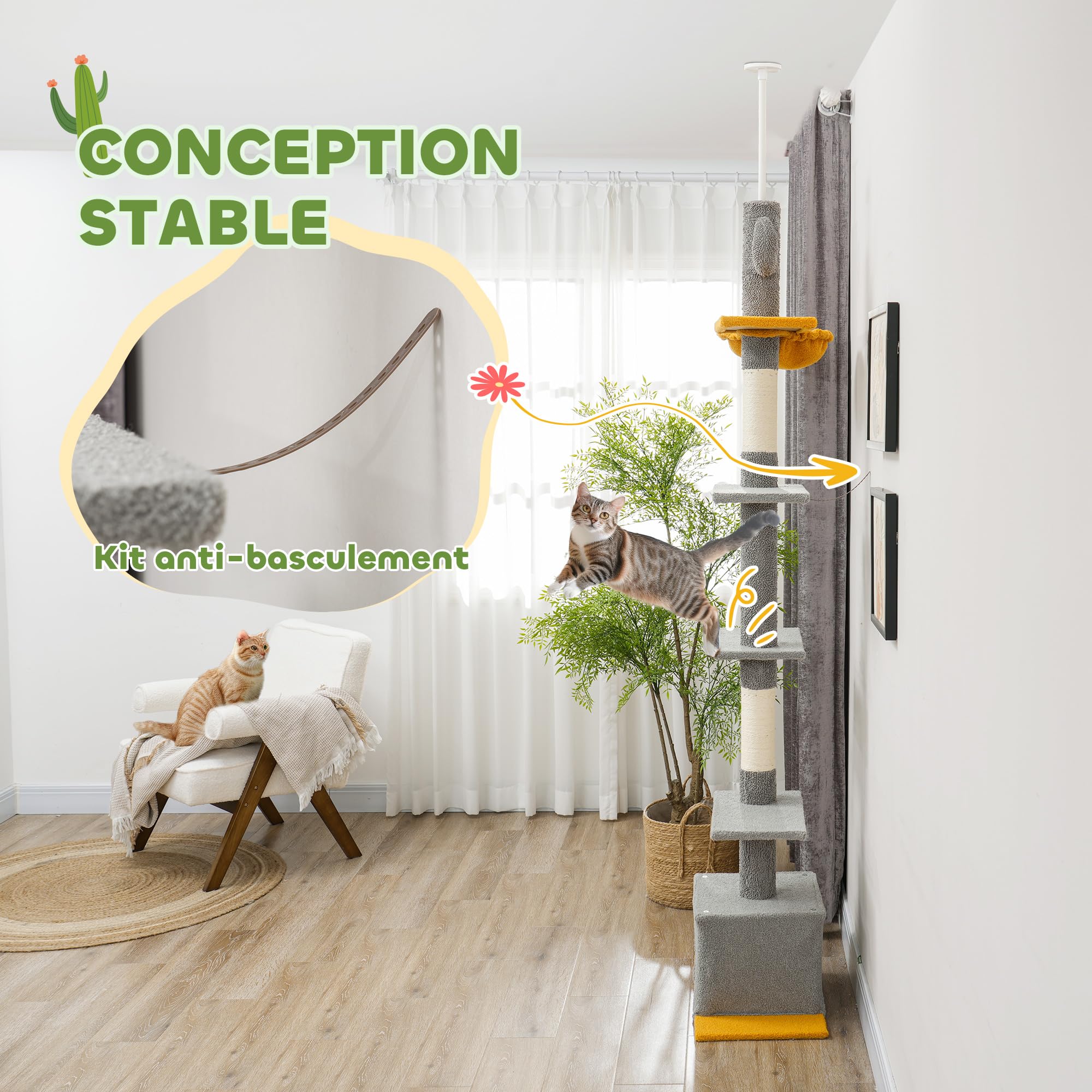 PawHut Albero per gatti da pavimento a soffitto, altezza 275 cm, torre gioco per gatti, 6 livelli, con piattaforme, cuccia, amaca, palla, tiragraffi, per arrampicarsi, graffiare e giocare, grigio | Torre gioco per gatti, piattaforme, nicchia, palla, tirag