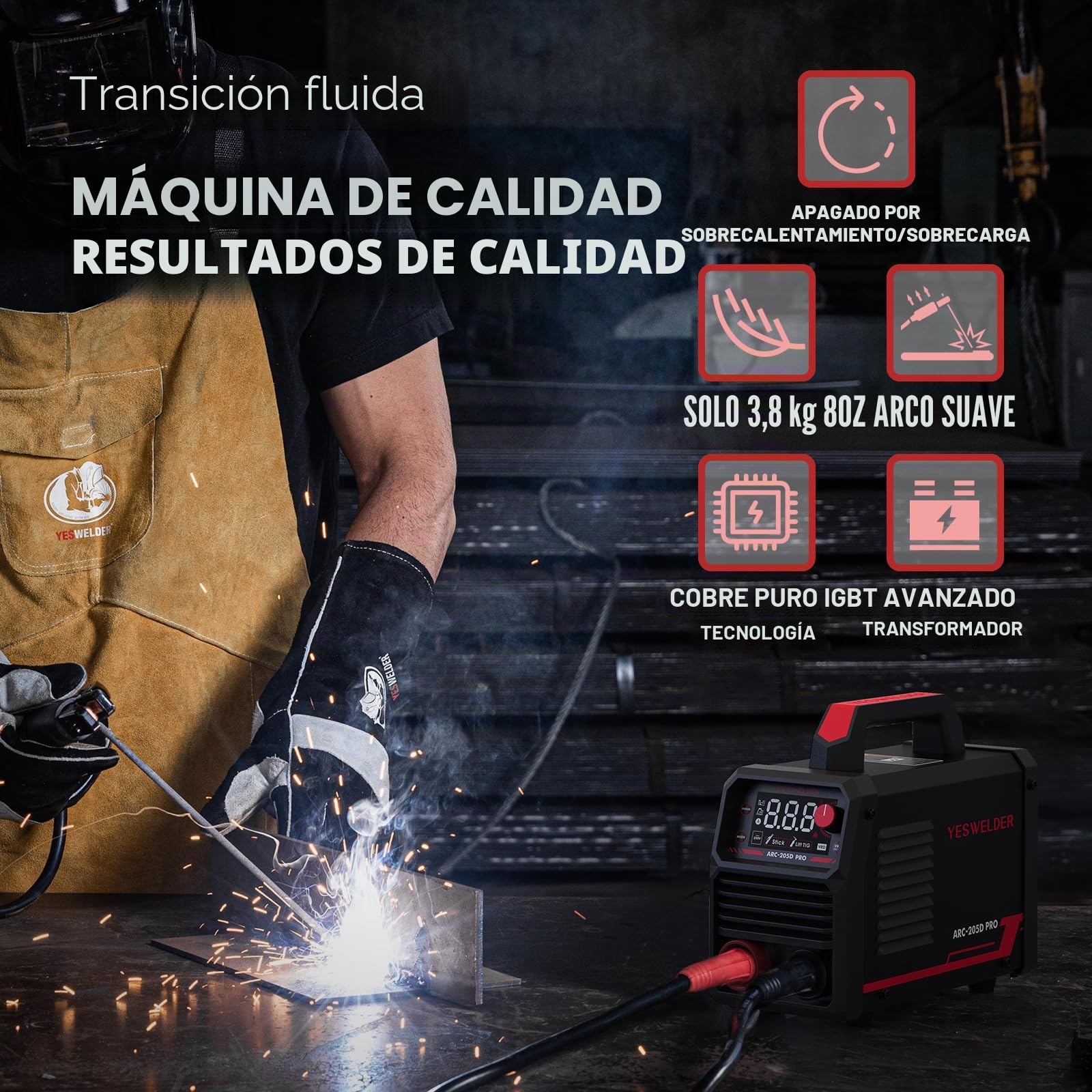 YESWELDER 205Amp ARC Soldador 230V MMA/Lift TIG Soldador Portátil, Gran Pantalla LED Digital Inverter IGBT Soldar con Arranque en Caliente de la Fuerza del Arco, Anti-Stick