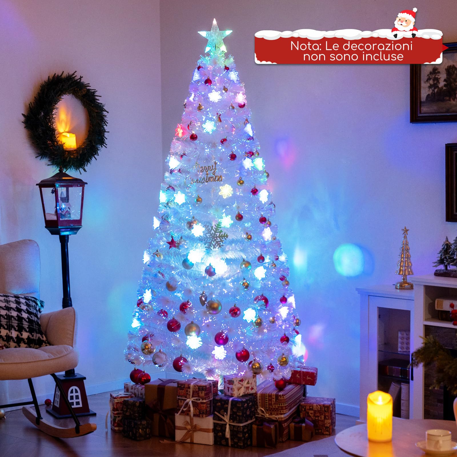 COSTWAY Albero di Natale Pre-illuminato in Fibra Ottica 120/150/180/210 cm, Albero di Natale Bianco con Foglie Iridescenti, Luci a LED a Fiocco di Neve Multicolore, Luce Superiore a Stella (210 CM)
