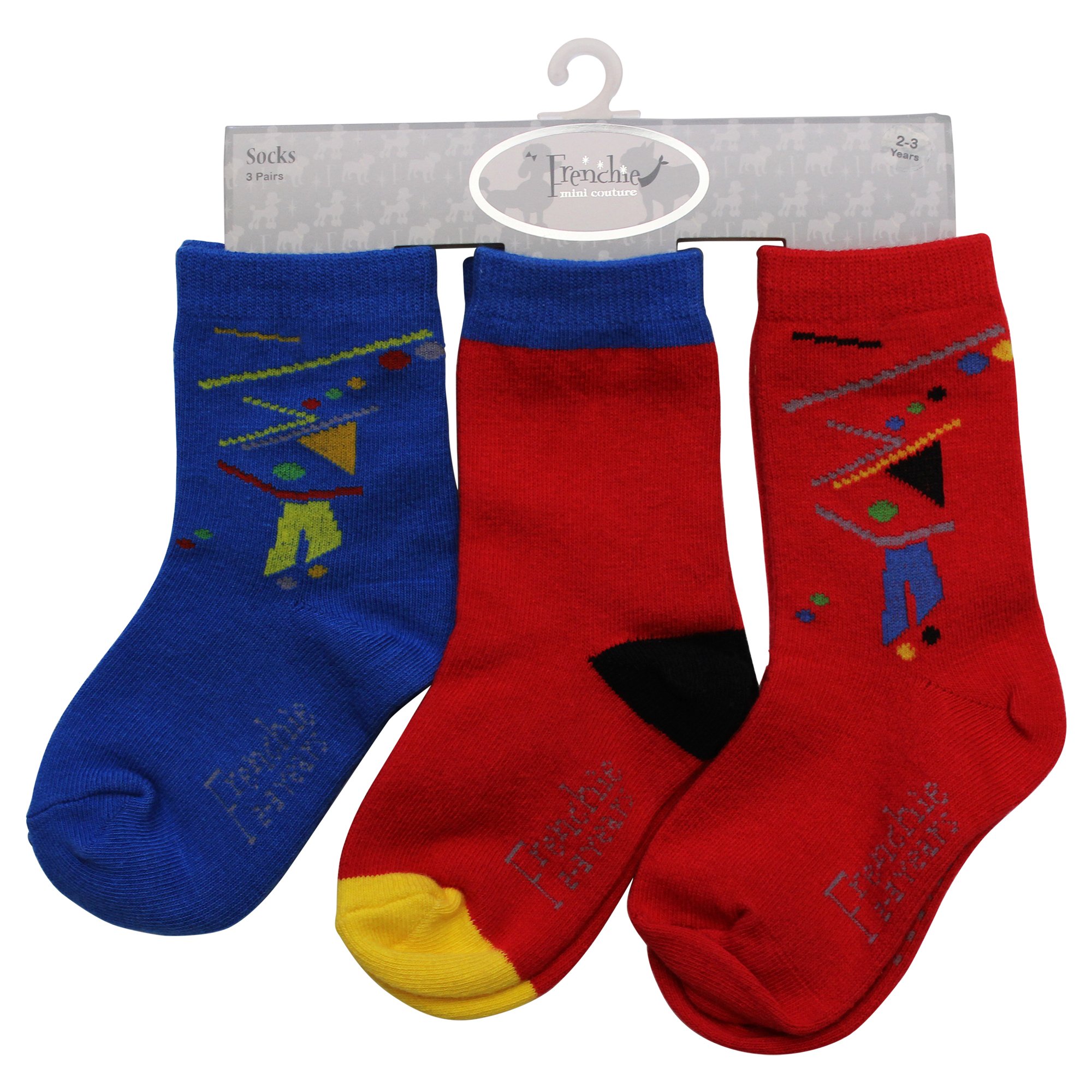 Frenchie Mini Couture Red & Blue Fun Design Children Socks, Happy design for fun and formal wear. 3-pack