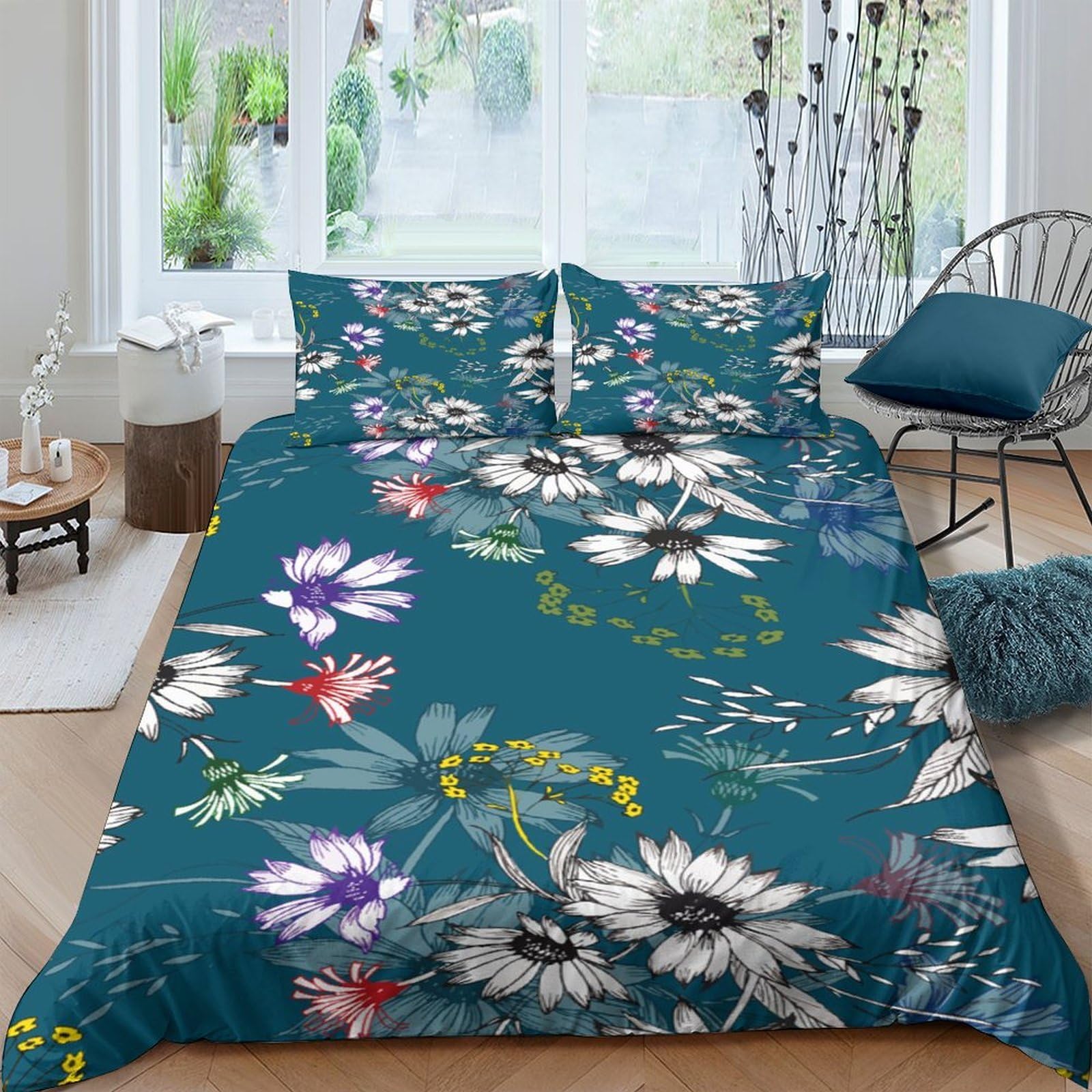 Ctjqhvkz Style-9 3D Printed Teal Floral Fitted Sheet Microfiber Soft Breathable Botanical Bed Cover For Bedroom Guest Room Decor Single（135X200cm）
