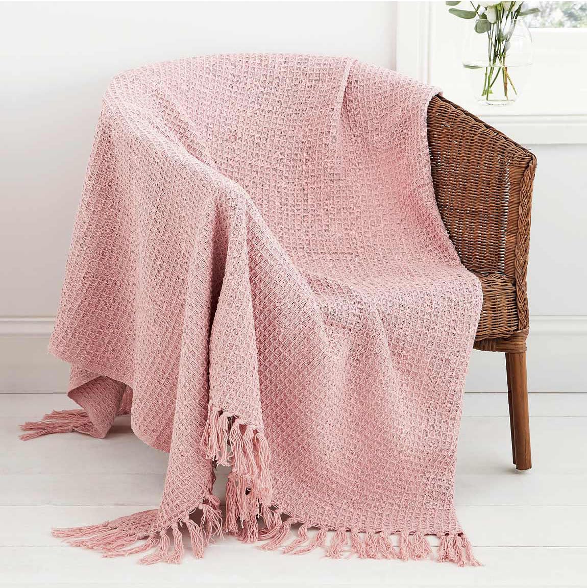 Mehar Bedding 100% Cotton Woven Honeycomb Plain Waffle Textured Chair Sofa Setee Bed Throw Tasselled Edge (PINK, Double (229cms x 254cms))