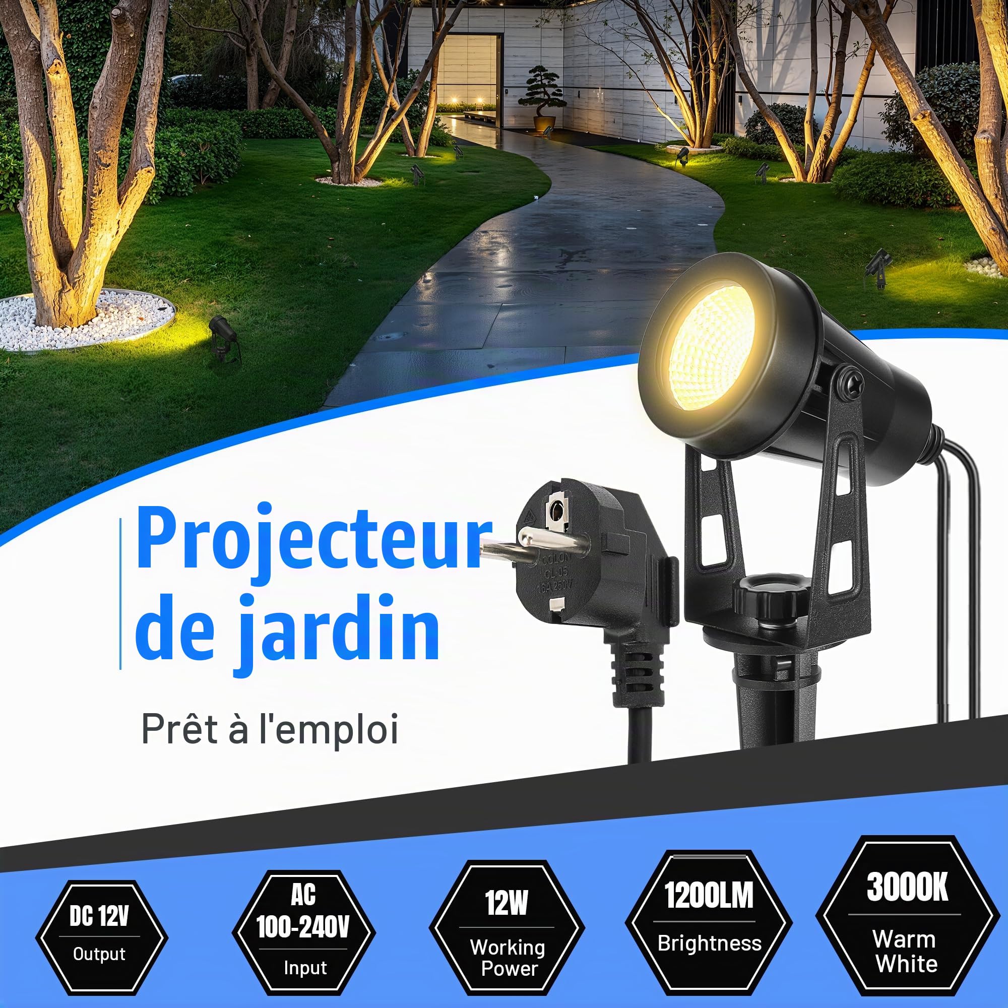 Spot Led Extérieur, 6 Pièces/14M Spot Exterieur avec Fonction Minuterie et Capteur de Lumière, 3000K Blanc 12V IP65 Étanche Éclairage de Jardin avec Stake pour Allées, Terrasses,