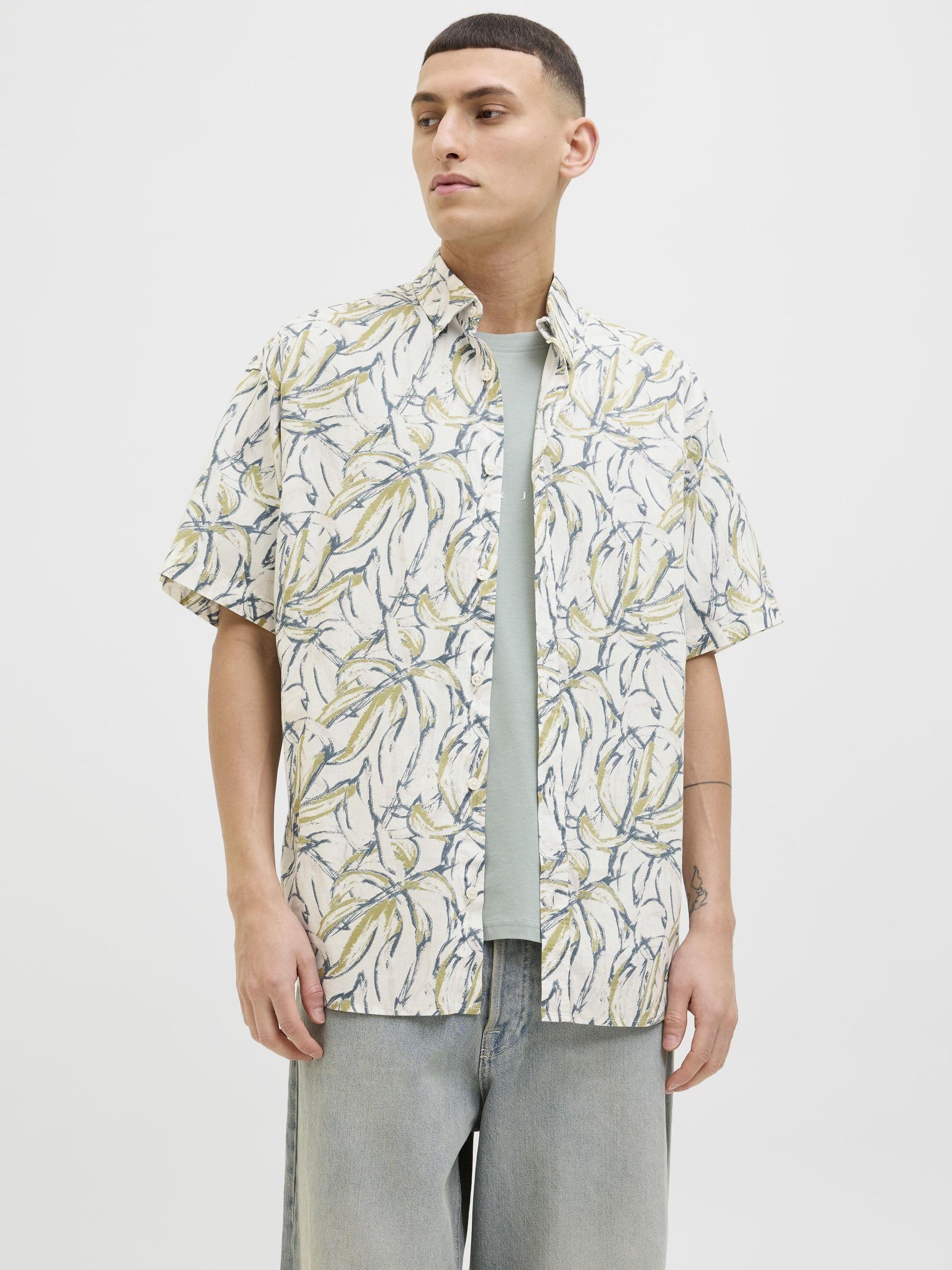 JACK & JONES Jorjoshua Split Aop Shirt Ss męska, Cloud Dancer, M