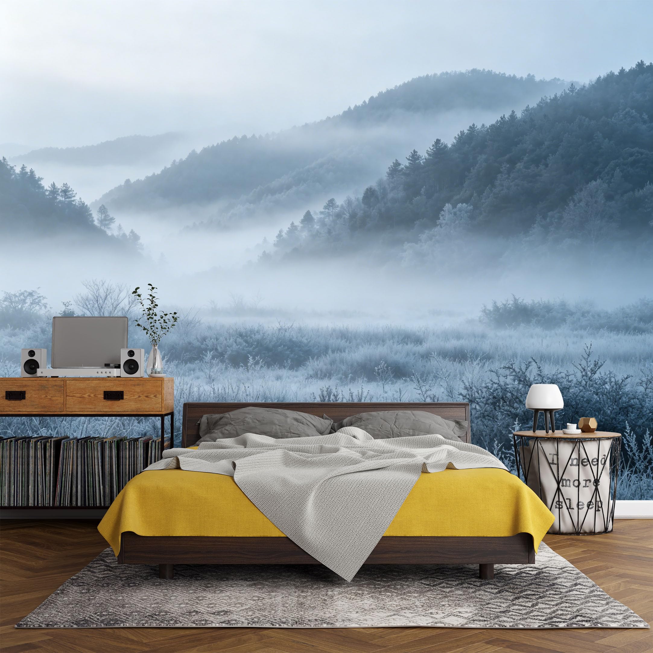 Custom Size Wall Mural， Misty Mountain Valley Landscape Winter Forest Foggy Morning Nature Scene，SelfAdhesive Art Prints wall Fabric (No PVC) Removable Wallpaper Living Room Decor