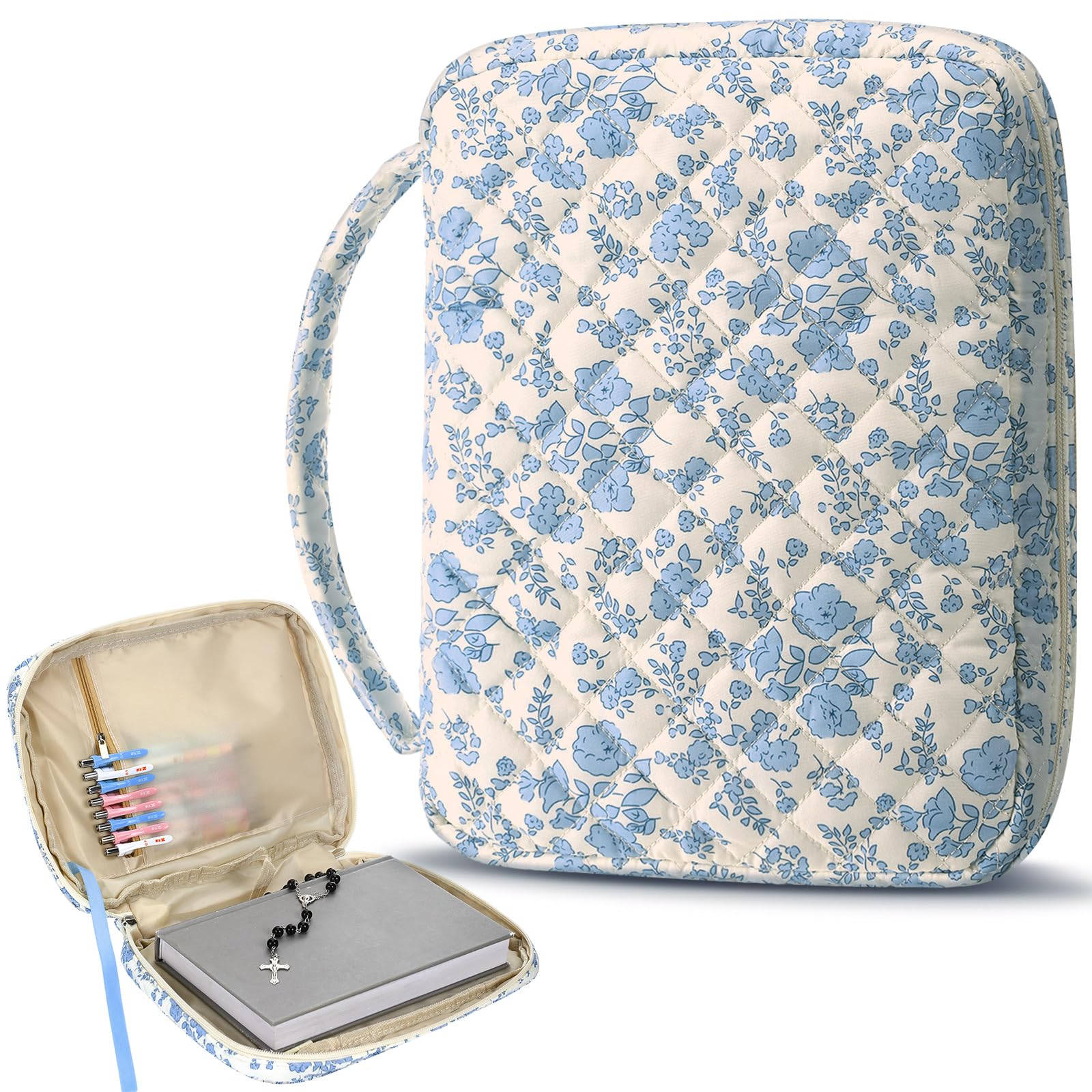 Aliceset Large Bible Cover Case for Women 10.2"x7.9"x2.1" Blue Floral Quilted Cotton Bible Carrying Cases Protective Bag with Handle and Zippered