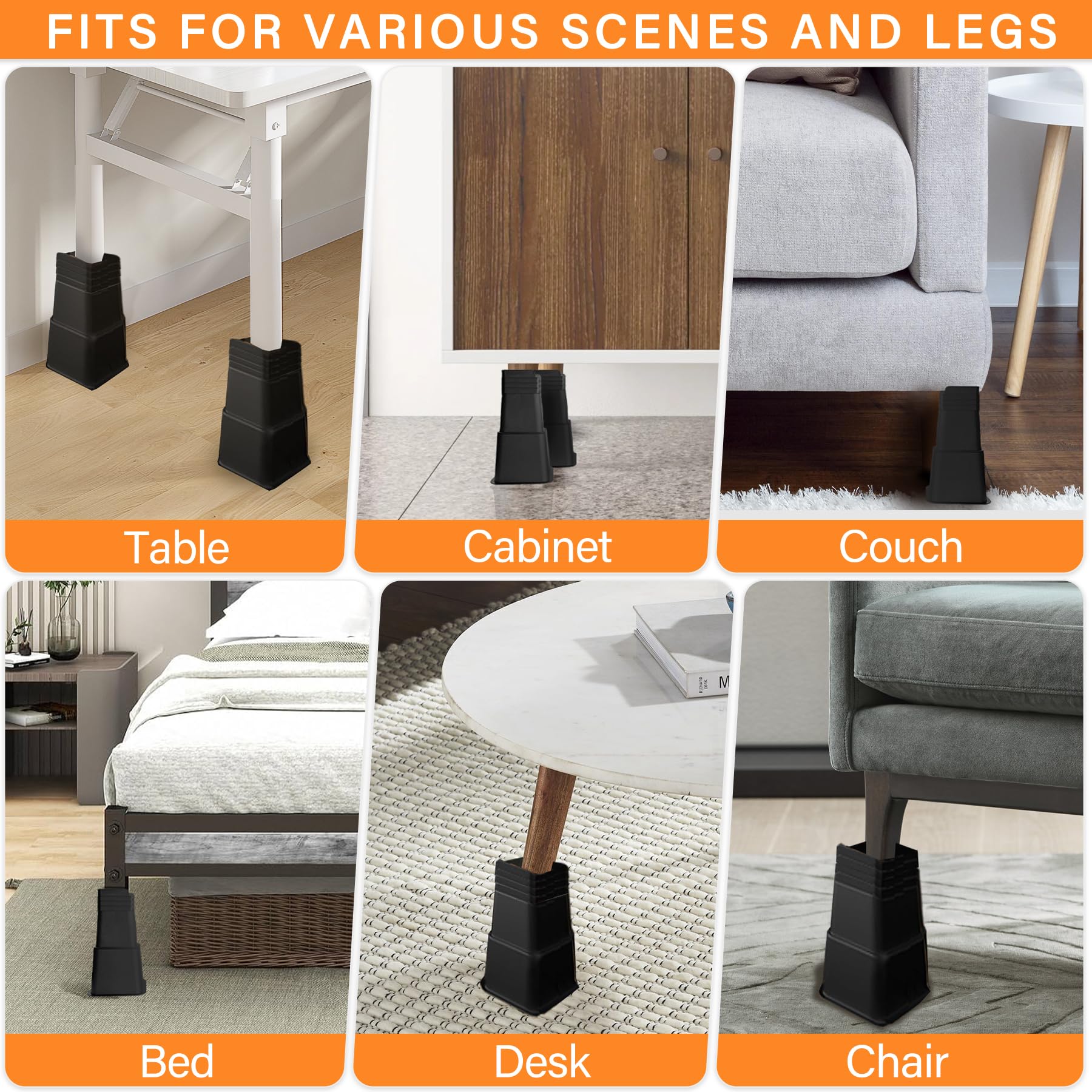 shouwuhho Elevadores de cama de 12 pulgadas, resistentes, de gran tamaño, soportan hasta 6 libras para sofá, mesa, sofá, silla, marco de patas para dormitorio (paquete de 4, negro, 12 pulgadas)