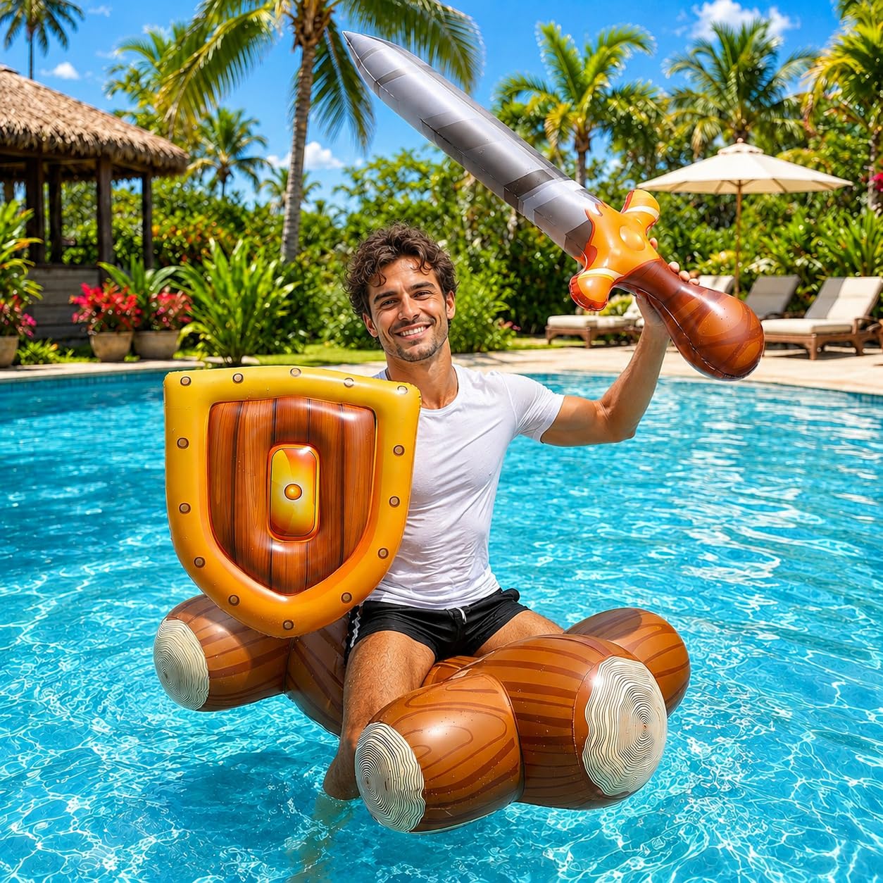 ROUSKY Inflatable Water Battle Set with Shield and Sword, Pool Float Game for Adults, Summer Swimming Party Duel Combat Toy, Brown Yellow Multi-color, PVC Material (3Pcs)