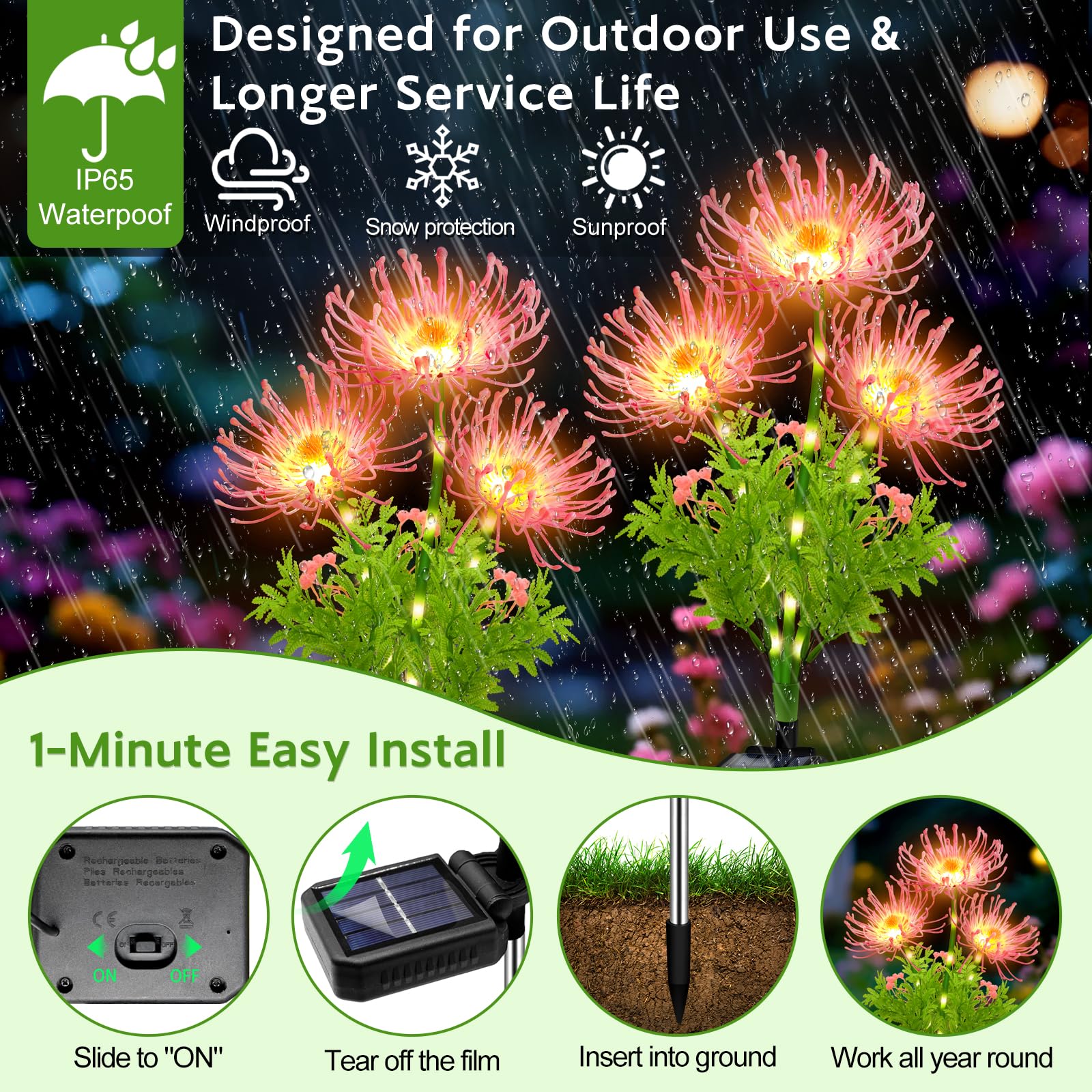 Luces solares para exteriores, lirio araña rosa, paquete de 4 luces de flores de jardín impermeables de 12 cabezas con tallos brillantes, decoración decorativa de patio y césped, regalos de Navidad y