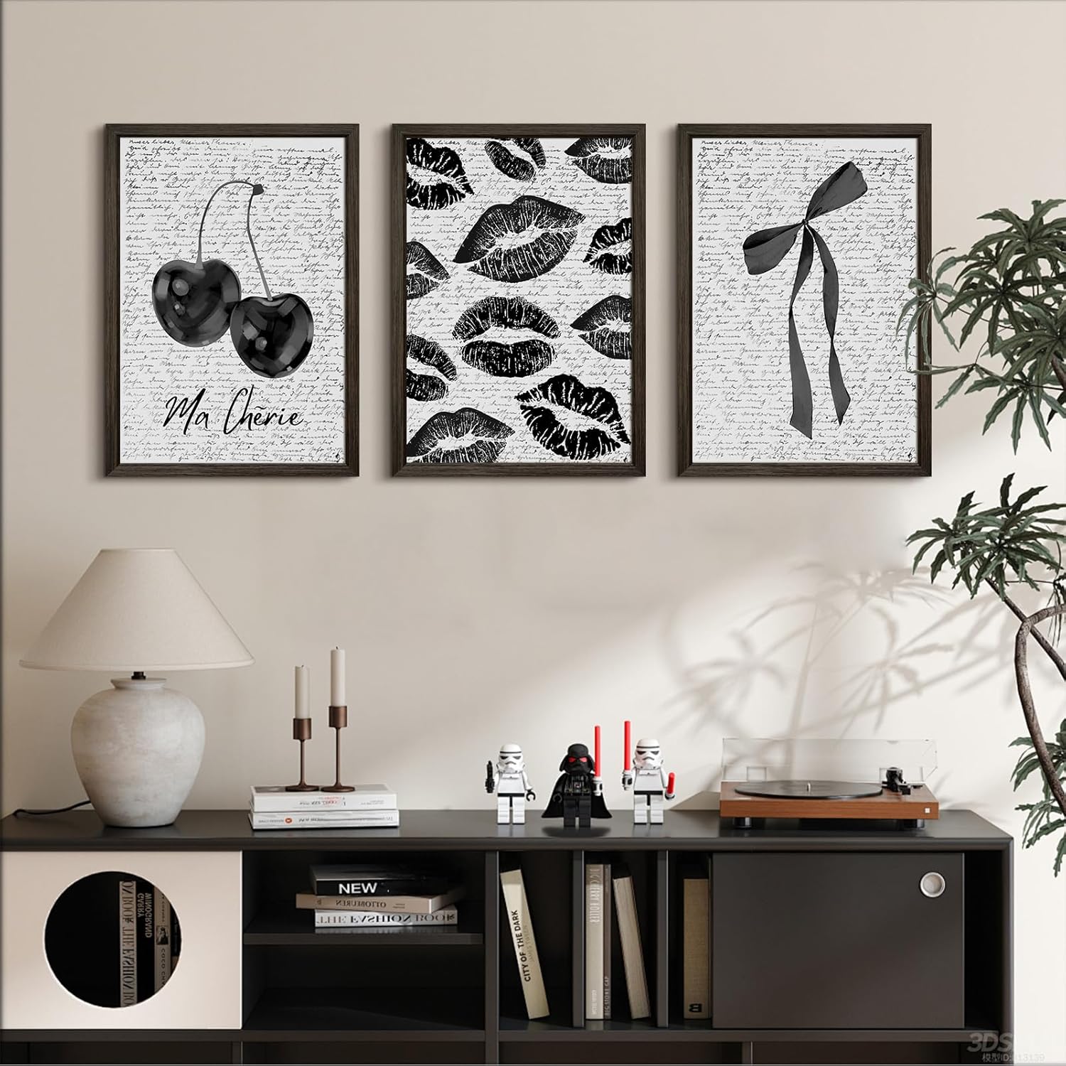 Black White Aesthetic Wall Art Coquette Bow Fashion Canvas Wall Decor Preppy Cherry Posters Vintage Girl Room Decor Bow Pictures Trendy Lips Kiss Prints for Girly Bedroom 12x16 Inch Framed 3Pcs