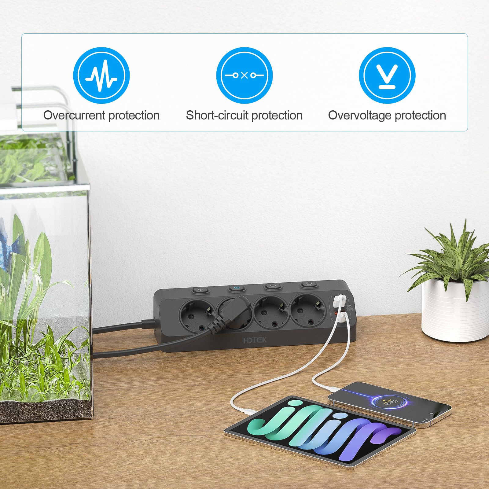 FDTEK 4-krotne gniazdko wtykowe z wtyczką płaską, 20 W, pojedyncze, 4000 W, 16 A, listwa zasilająca z USB C, gniazdko stołowe z przełącznikiem, gniazdko na biurko, montaż ścienny, kabel 2 m