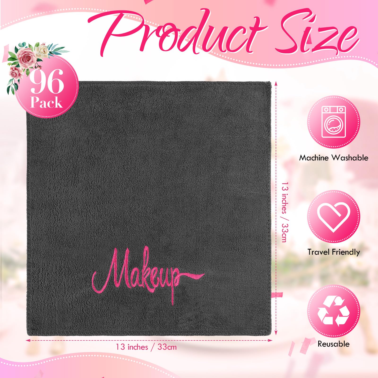 Preboun Paquete de 96 paños desmaquillantes, toallas de maquillaje de 13 x 13 pulgadas, toallas faciales de microfibra suave a granel, paños de maquillaje reutilizables con bordado de maquillaje para
