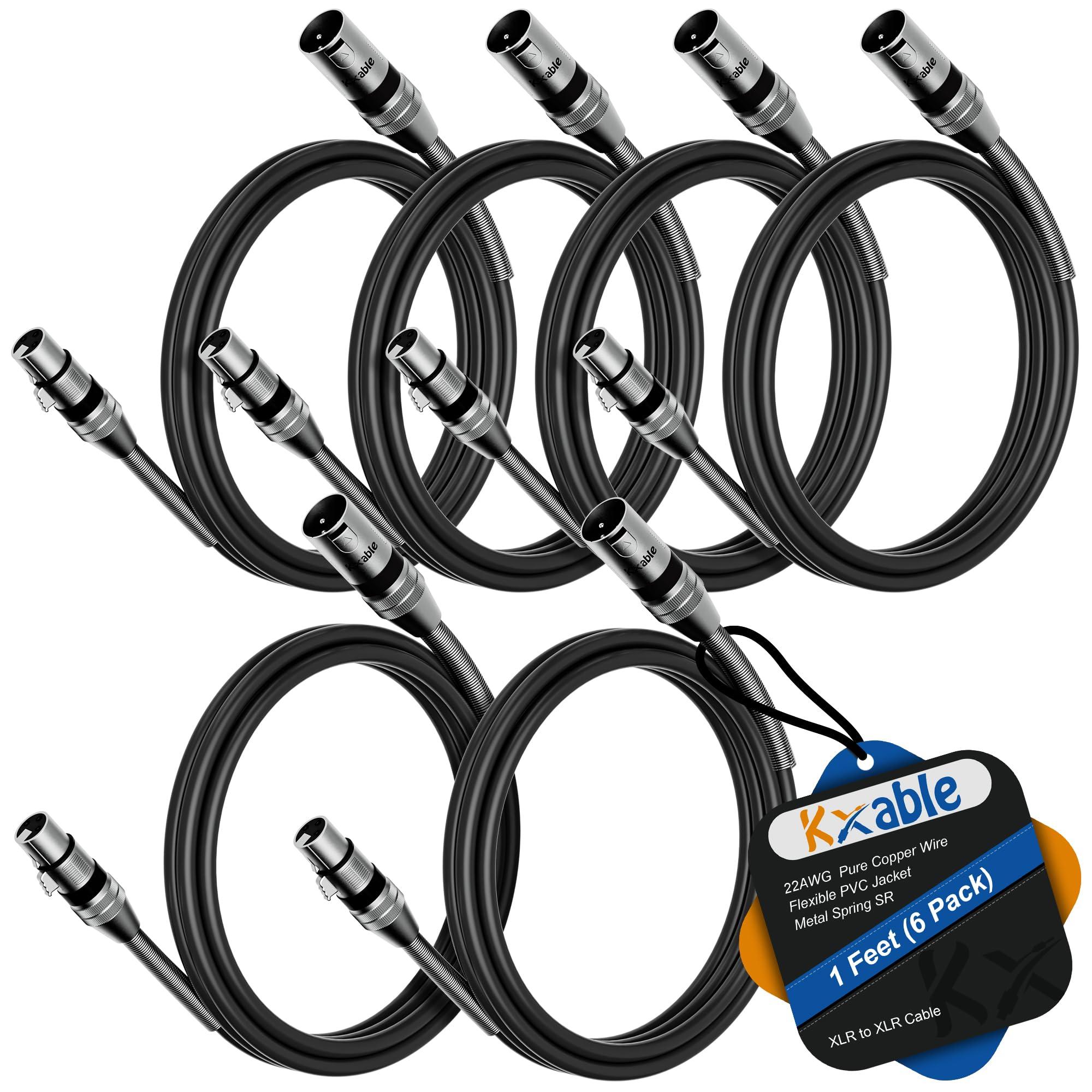 XLR Cable 1 Feet (6 Pack), 22AWG, Zinc Alloy Shells, XLR Male to Female Heavy Duty Cable, 3 Pin Balanced Shielded Microphone Cord, Durable & Flexible Patch XLR Cable, Metal Spring SR-Black