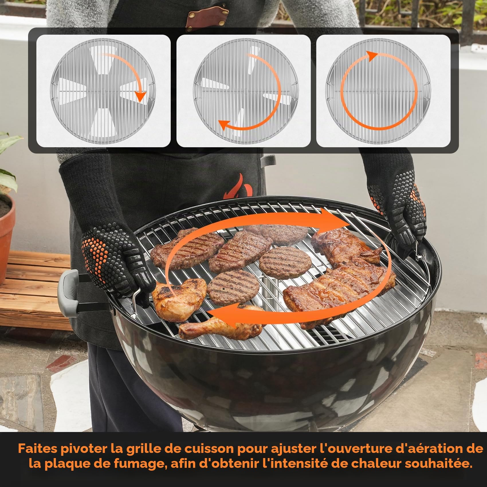 Onlyfire Grille de Barbecue pour Barbecue à Charbon 57 cm, Accessoire de Fumage avec Diffuseur Réglable pour Cuisson Indirecte et Low & Slow, Contrôle Manuel du Flux de Fumée par Rotation des Poignées