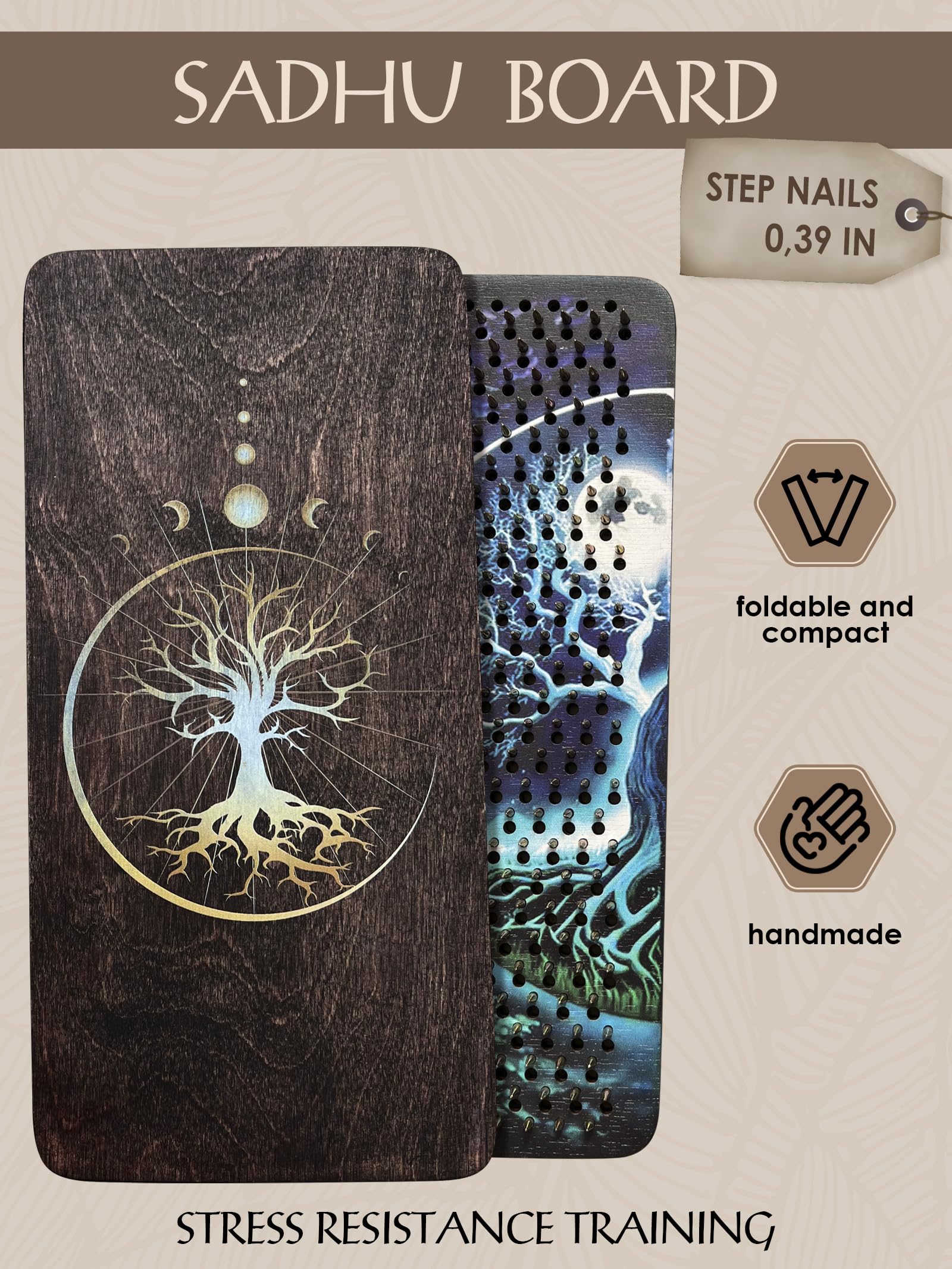 RIZONE Wooden Yoga Board for Acupressure and Meditation with Nails for Deep Tissue Massage, Sadhu Board for Yoga Practice, Acupuncture Massage, Nails Distance 0.39 in (10 mm) (darkmoon)