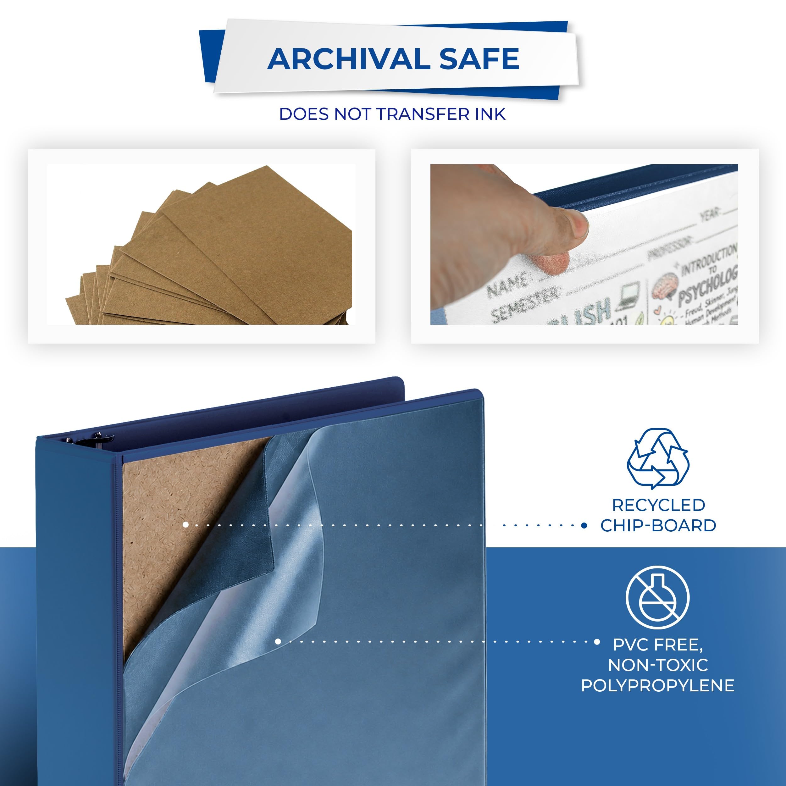 Samsill, Raccoglitori a 3 anelli da 5,08 cm, realizzati negli Stati Uniti, con anelli rotondi e copertina trasparente, dalla capacità di 425 fogli, per scuola, casa, ufficio, blu, 4 pezzi