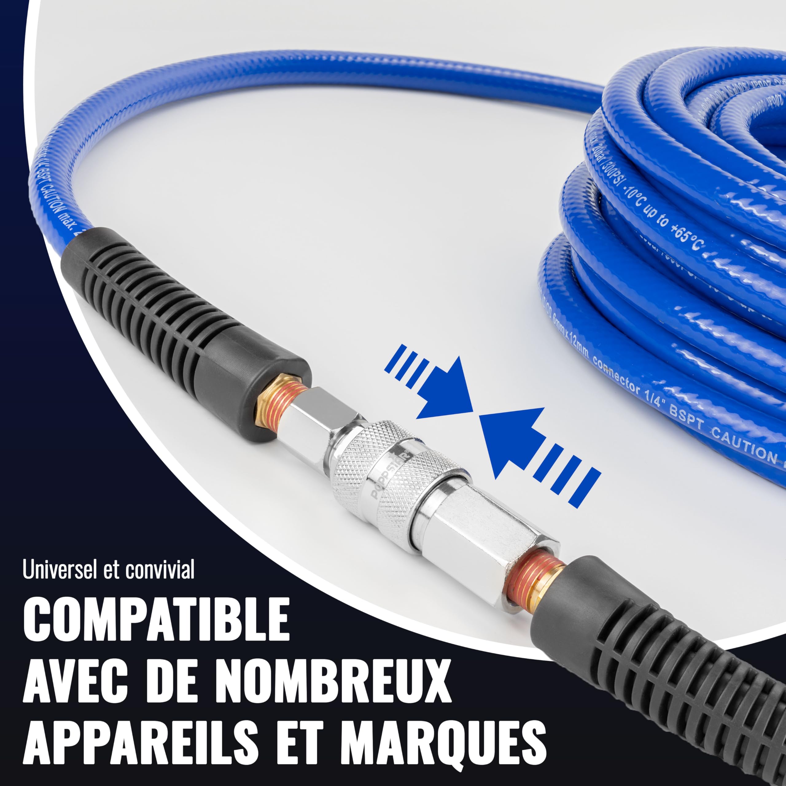 Poppstar PVC Tuyau d'Air Comprimé 6/12mm, 20m longue, Raccord Rapide Standard, 20 bar, bleu