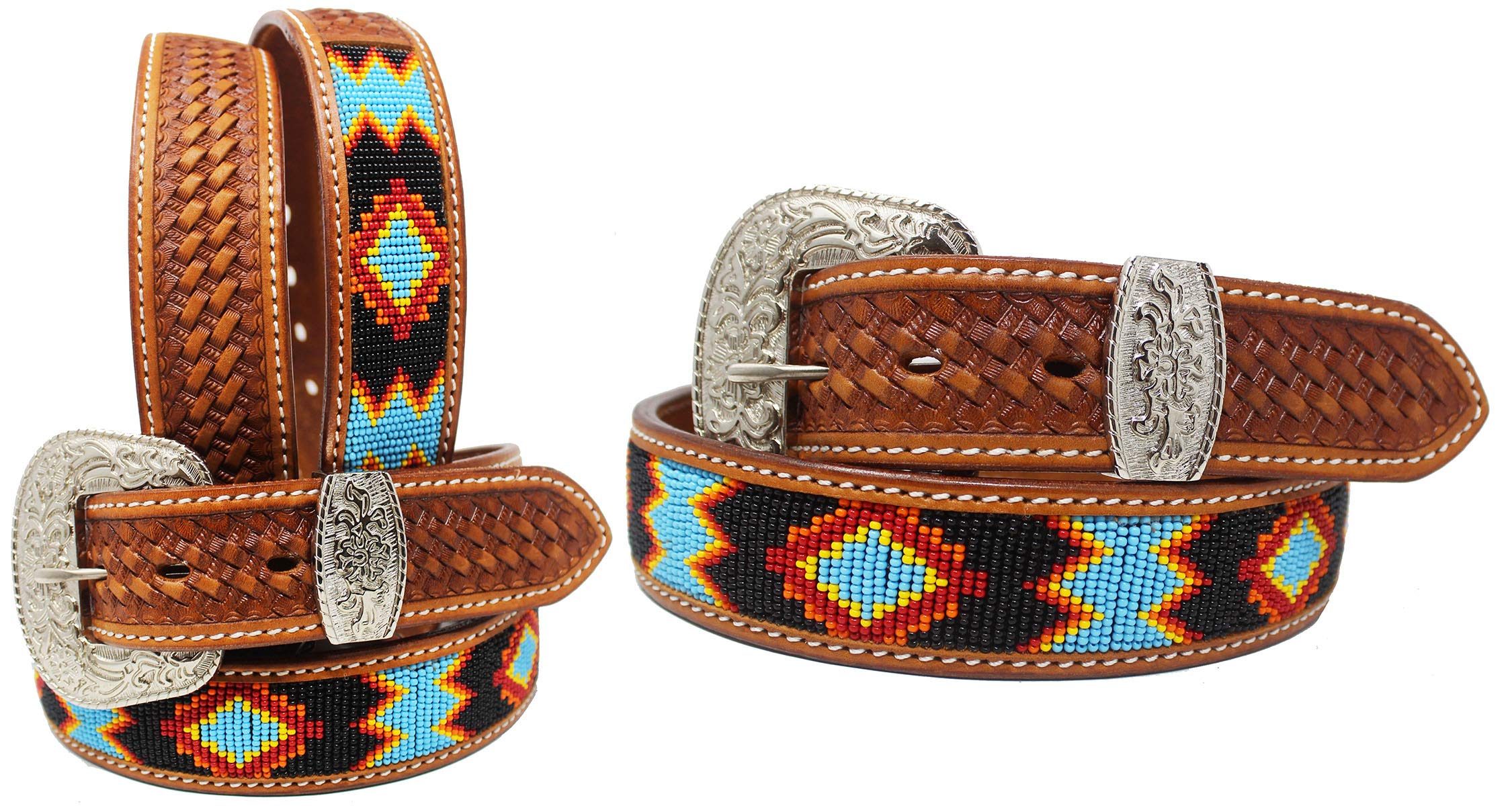 CHALLENGER 45-46 Men's Women Handmade Beaded Basket Weave Tooled Leather Belt 26RT01