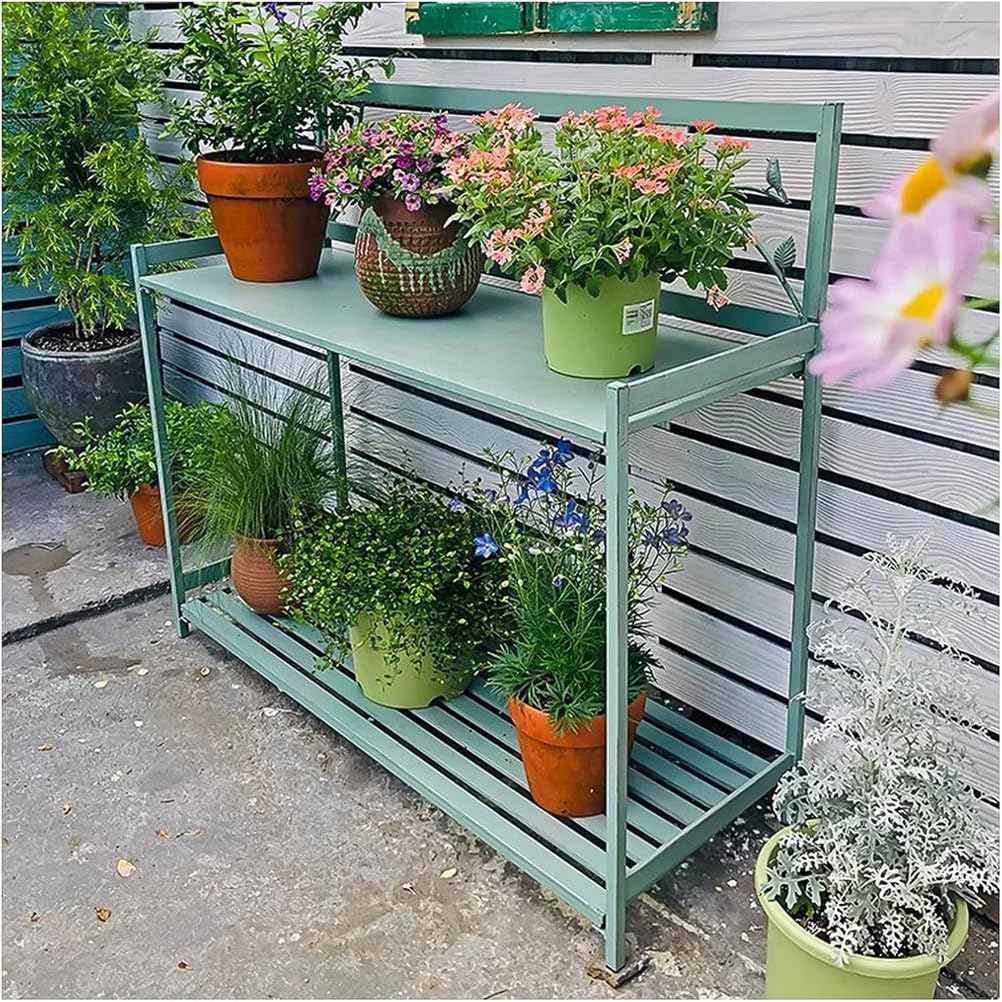Outdoor Potting Bench with 2- Tier Patio Metal Potting Table Open Shelf, Garden Work Station Table for Planting 126.5x45x115.5cm,White