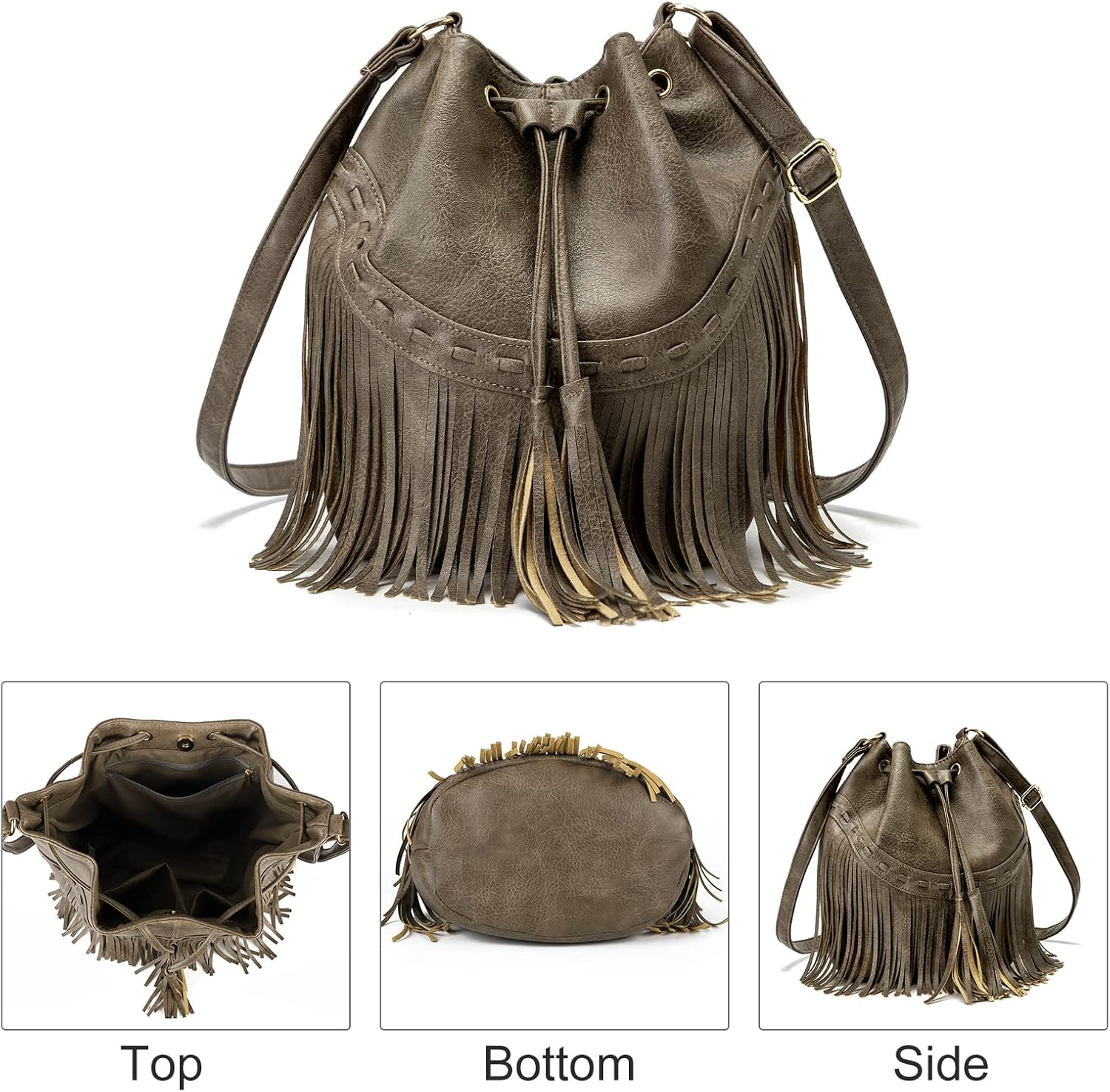 Leather Bucket Bags for Women Crossbody Fringe Purses with Drawstring Ladies Tassel Hobo and Shoulder Handbags - Image 7