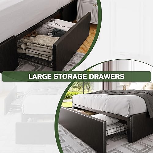 Miniatura 4 de MUTICOR Cama de plataforma de tamaño matrimonial con 3 cajones de almacenamiento, tapizada de piel sintética, soporte de listones de madera, no
