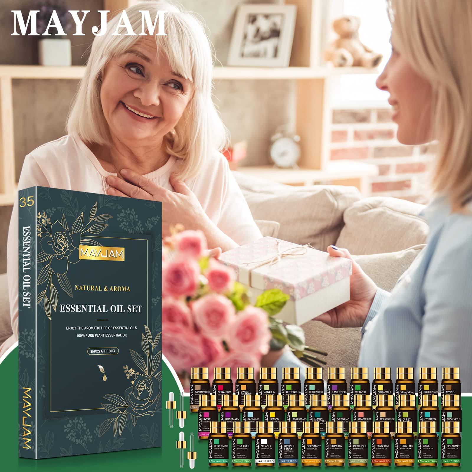 MAYJAM Kit Huiles Essentielles 35 x 5ml, Huile Essentielle pour Diffuseur, Naturelle Pure Huile de Lavande, Eucalyptus, Menthe Poivrée, Vanille, Citron, Rose, Citronnelle,Tee Tree, Santal, Cèdre