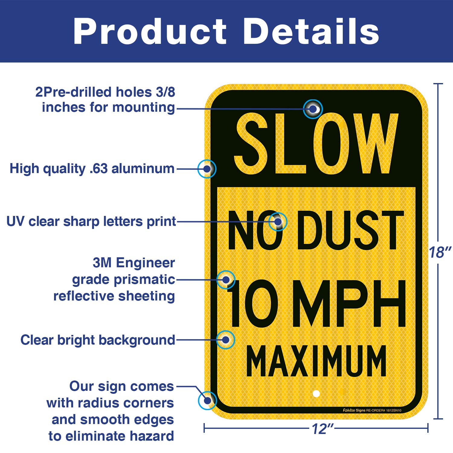 Slow No Dust 10 MPH Maximum Sign, Speed Limit Sign 18 x 12 Inches Engineer Grade Reflective Sheeting Rust Free Aluminum, Weather Resistant, Waterproof, Durable Ink, Easy to Mount — Amazon image 2