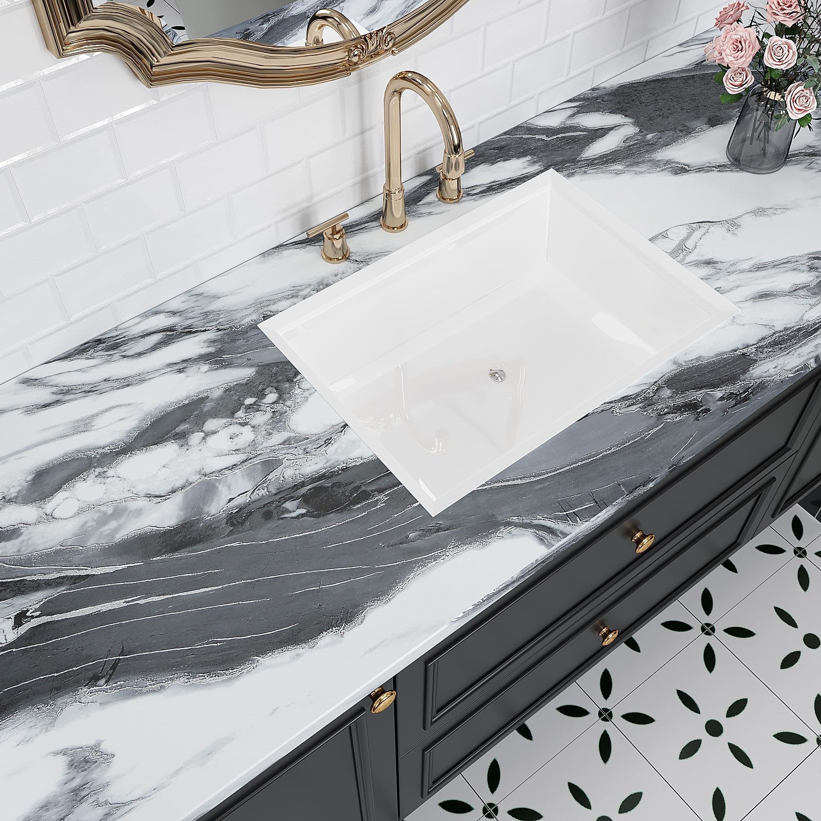VEELIKE Papel de contacto de mármol líquido blanco y negro de 354 x 32 pulgadas de ancho, para encimeras de despegar y pegar, papel tapiz impermeable para cocina, baño, cubierta de encimera, papel