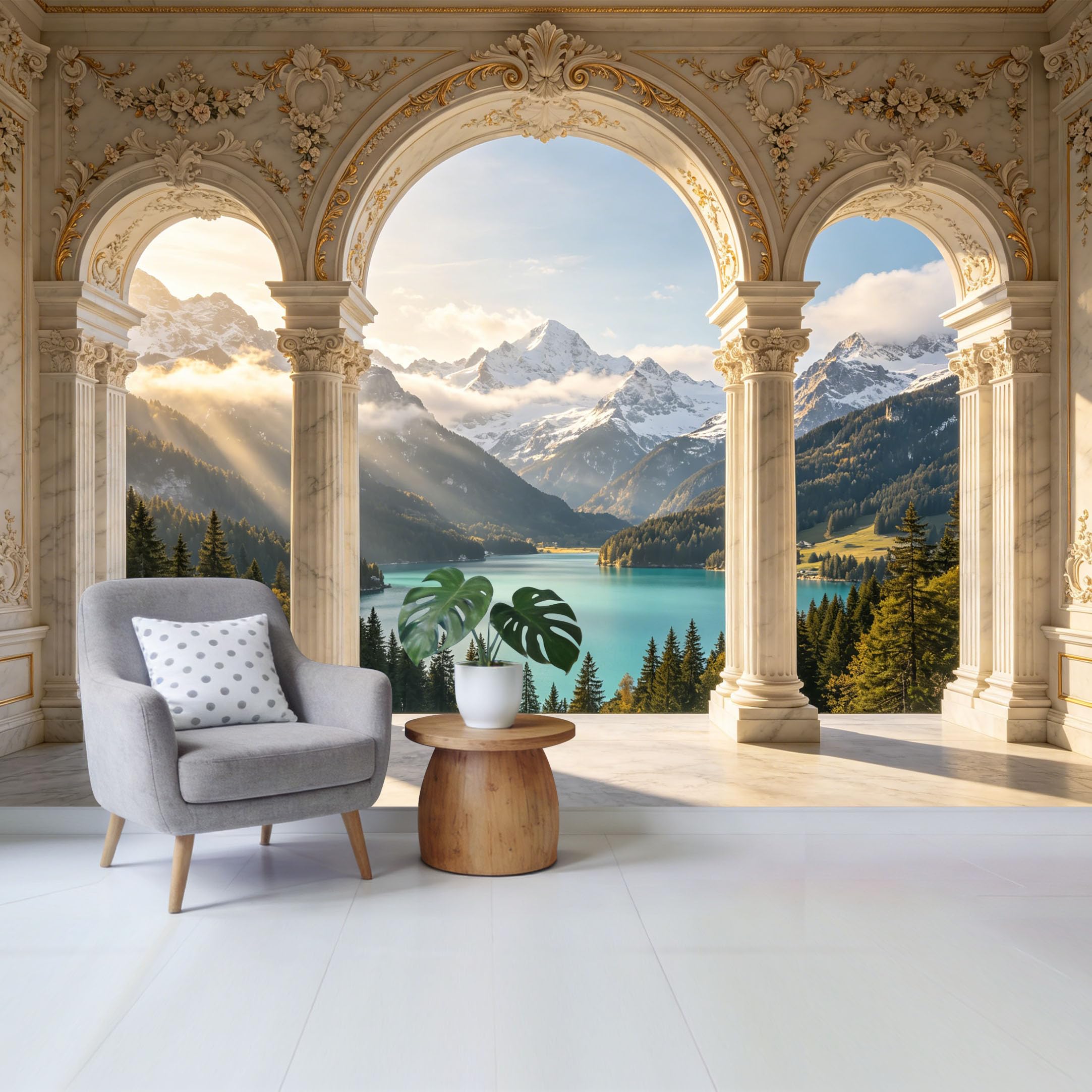 Removable Self Adhesive Fabric Mural， Neoclassical Arch Mountain Lake View Custom Size Wall Covering， UV Protected Waterproof Washable Wall Decor for Living Room Bedroom Bathroom