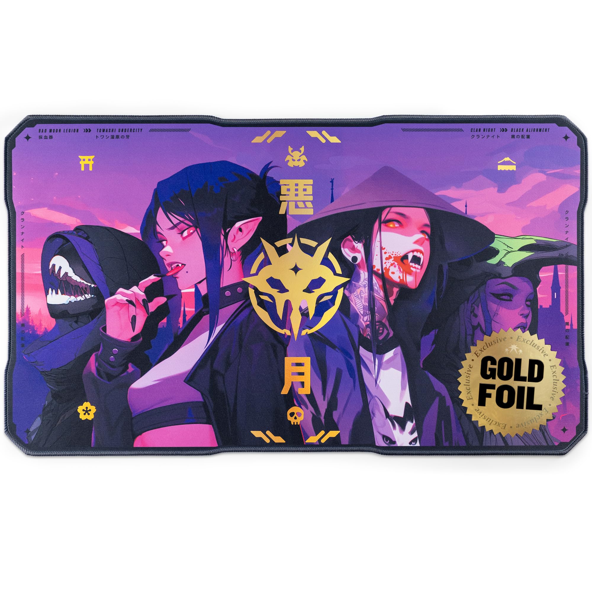 Tapis de jeu avec accents en feuille d'or | Nuit de clan de Kamigawa | Forme personnalisée futuriste | Compatible avec Magic The Gathering