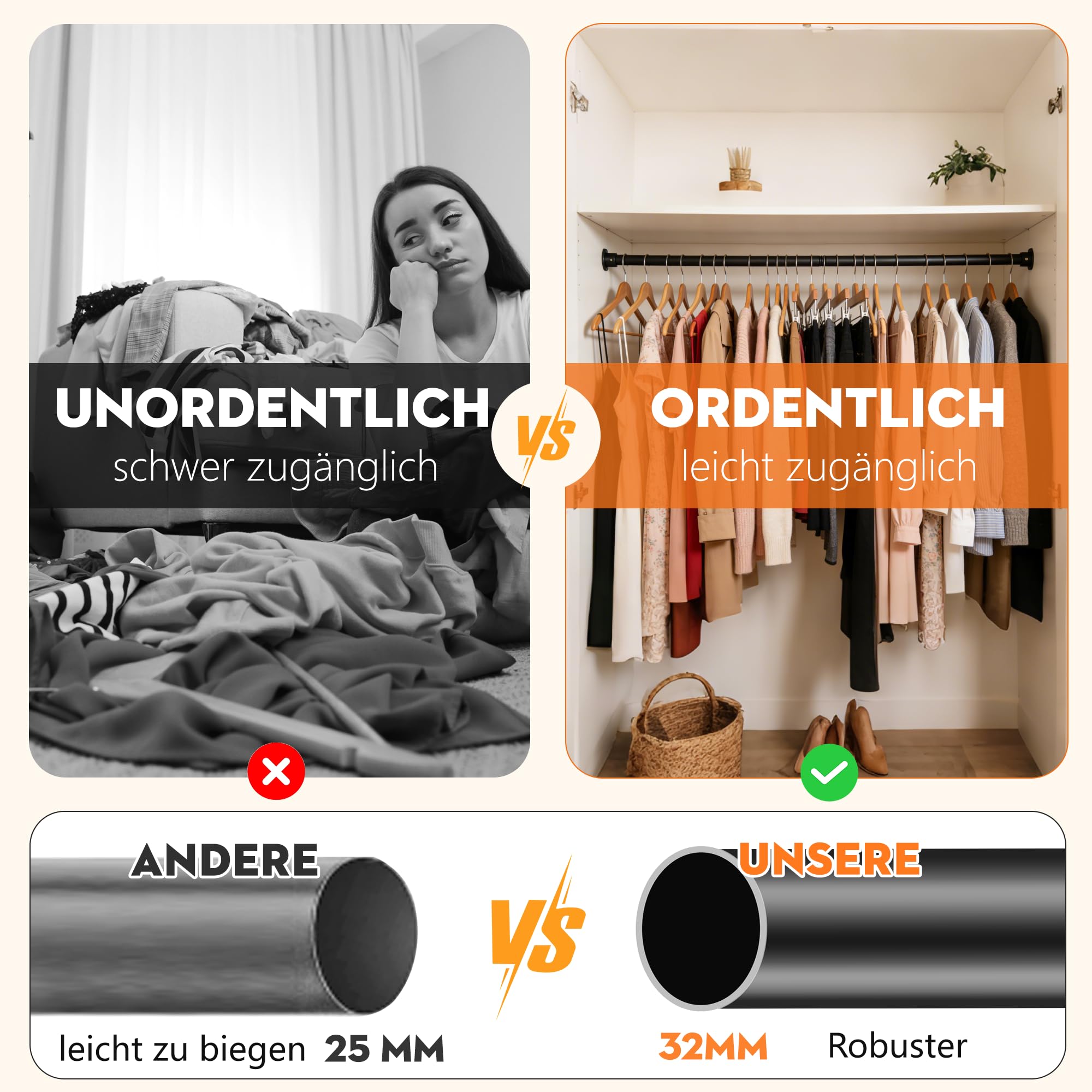 32mm Garderobenstange, Schwarze Schrank Teleskopstange,74-130cm Kleiderstange mit Metallhalterungen，1 Set Kleiderstange Wandmontage