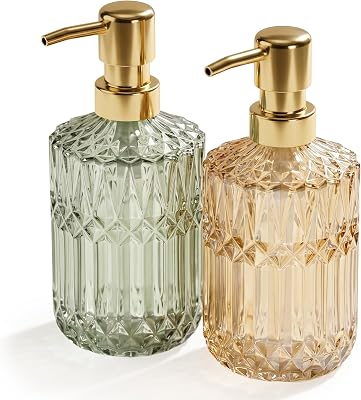 Relaxdays Seifenspender, 2er Set, 400 ml, Glas, nachfüllbar, Seife, Duschgel, Bad & Küche, Handseifenspender, Gold/grün