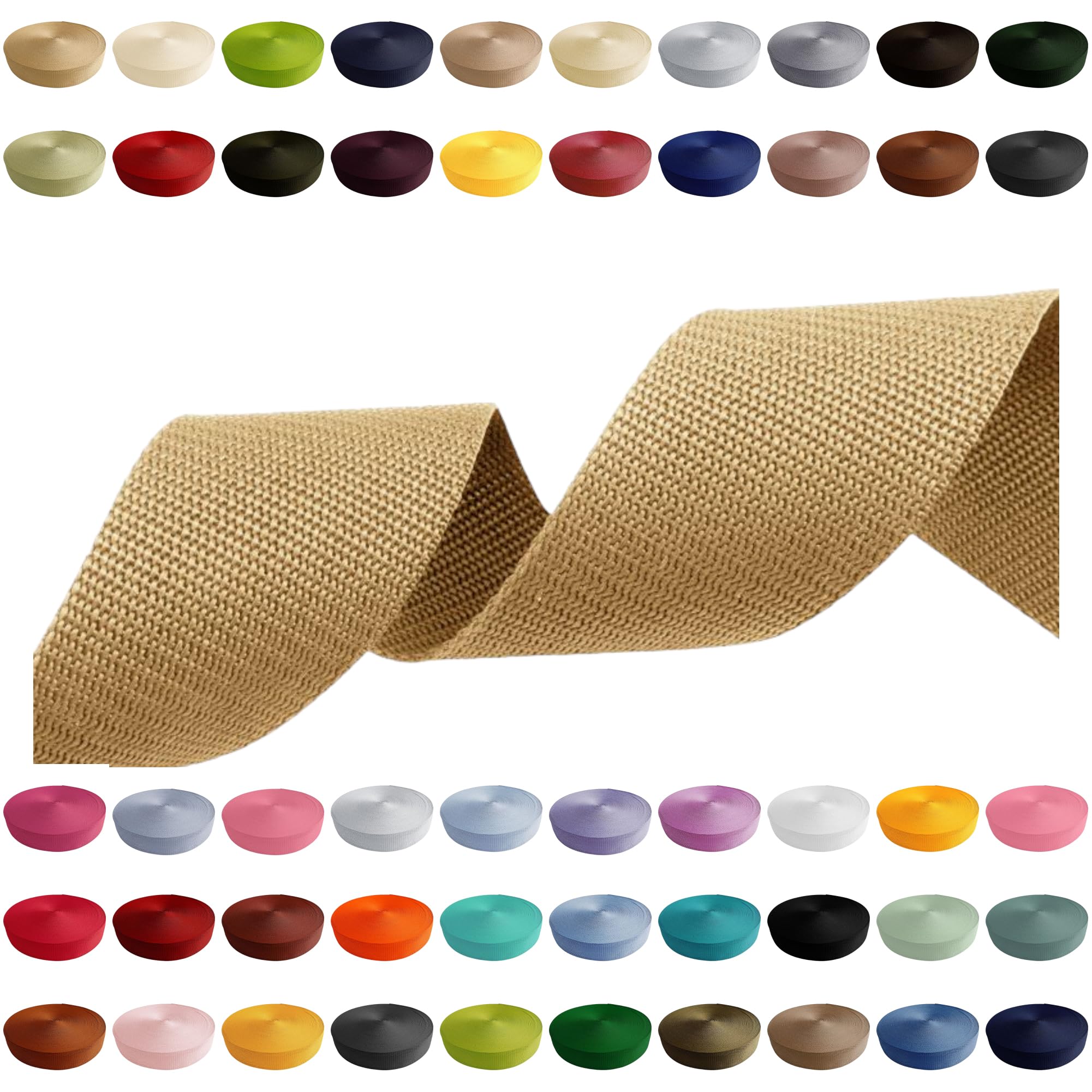 Webbing Strap 2m 5m 10m 50m, 50 Colours, Width 10mm 15mm 20mm 25mm 30mm 40mm 50 mm Bag Strap Polypropylene Ideal for DIY Projects, Crafts (010) Light Beige, 20 mm x 5 m