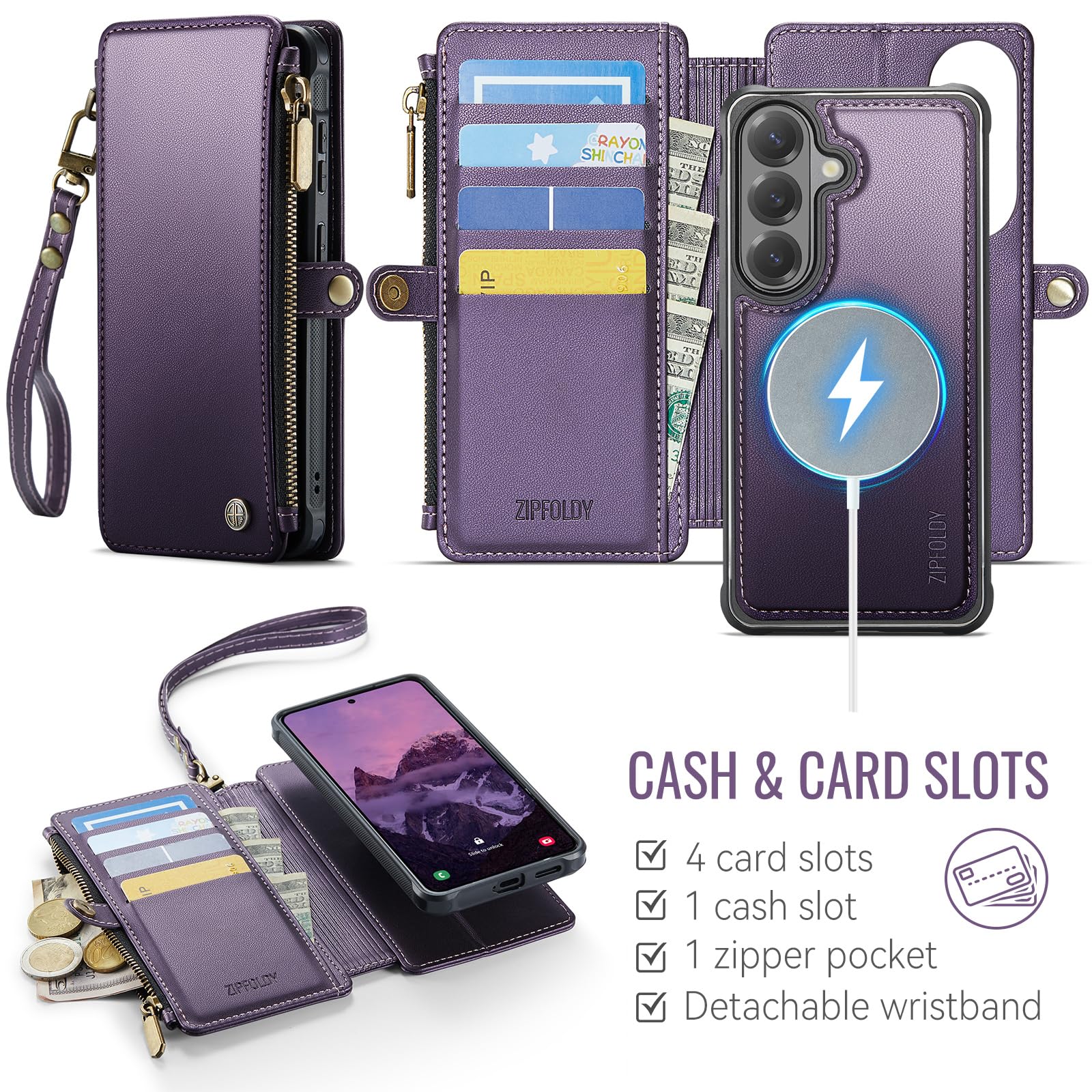 per Galaxy S24 - Custodia a portafoglio magnetica staccabile | Staccato per Magsafe, porta carte di credito con blocco RFID, borsa con cerniera, cinturino da polso, per donne e uomini