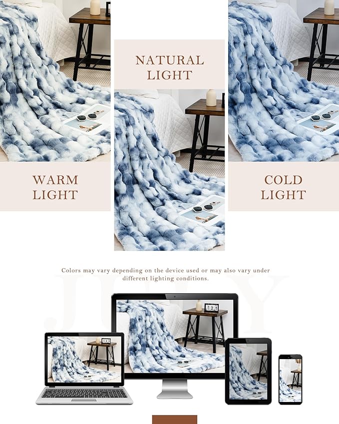 July Luxury Soft Faux Fur Throw Blanket for Couch, Cozy Bubble Fleece Blanket for Bedroom and Sofa, Reversible Plush Warm Fleece Fluffy Blanket for All Seasons, 50" x 60", Tie-dye Blue, TD-BE5060