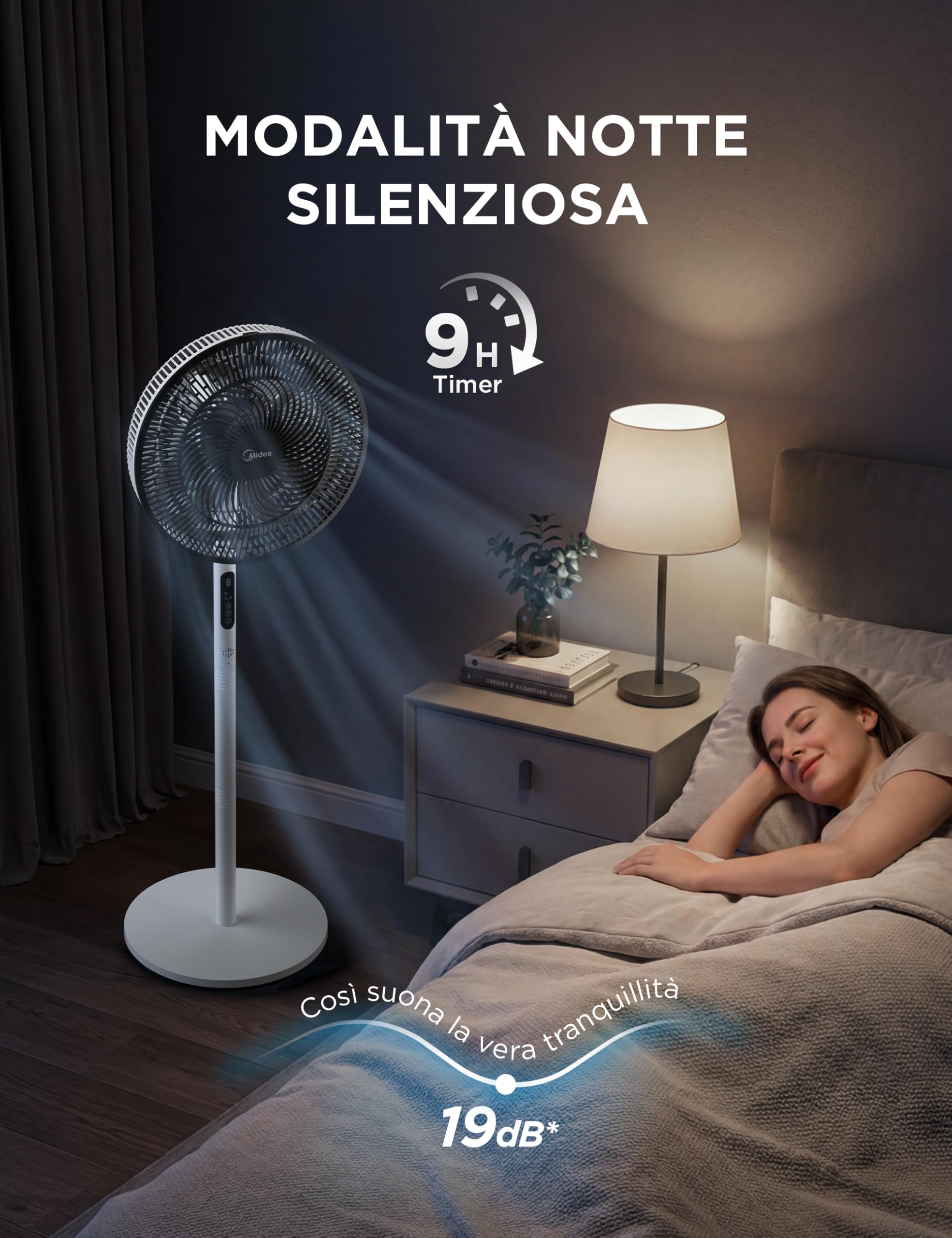 Midea Leiser Standventilator FS35-26XRDSE(BW) DC-Motor, 8 Flügel, 9 Geschwindigkeitsstufen, Oszillation 85°, Timer 9 Stunden, Höhe verstellbar