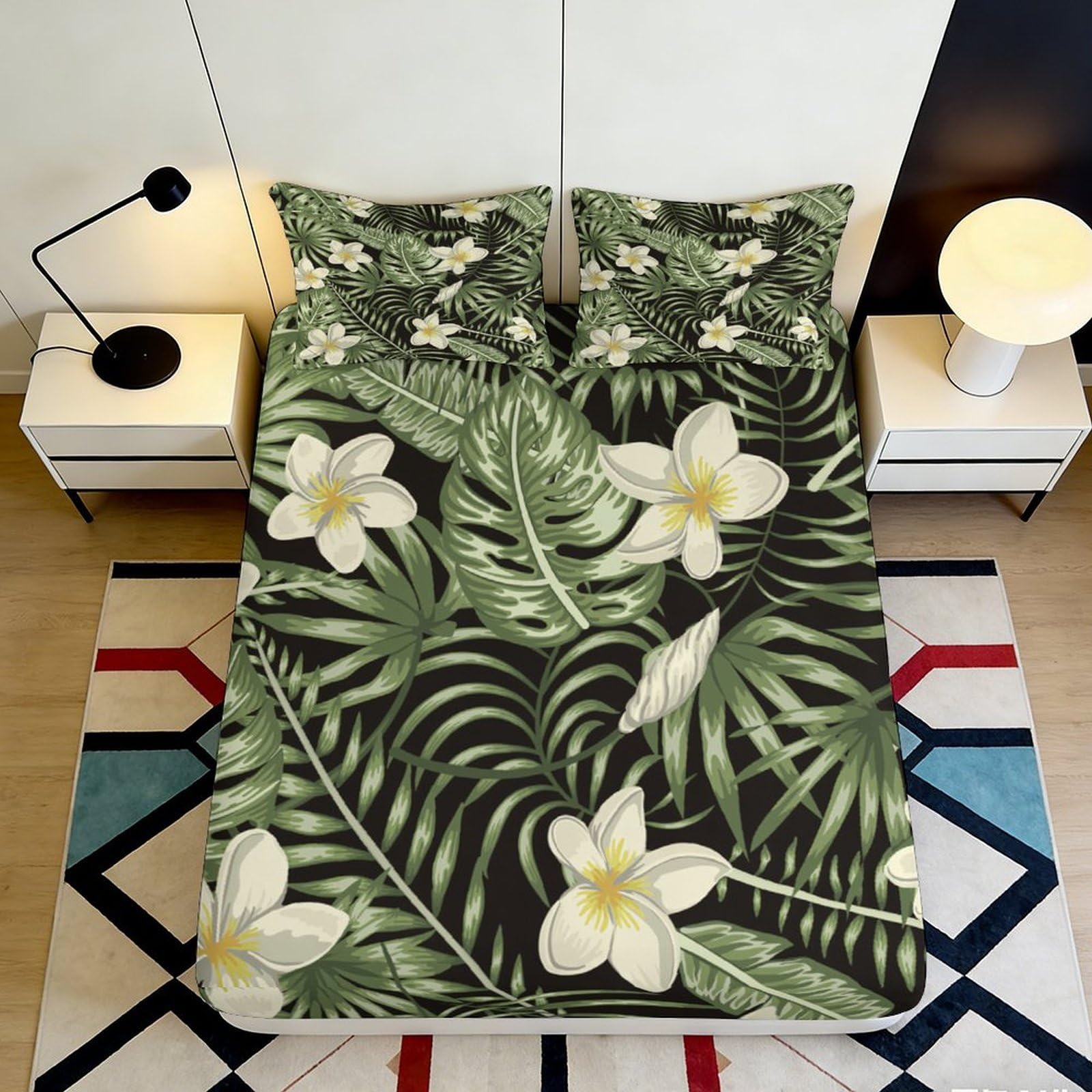 Pnayamiorkfel Style-10 3D Printed Tropical Leaf Fitted Sheet Microfiber Floral Botanical Bed Cover Non Slip Washable For Bedroom Guest Room 90X200x25cm