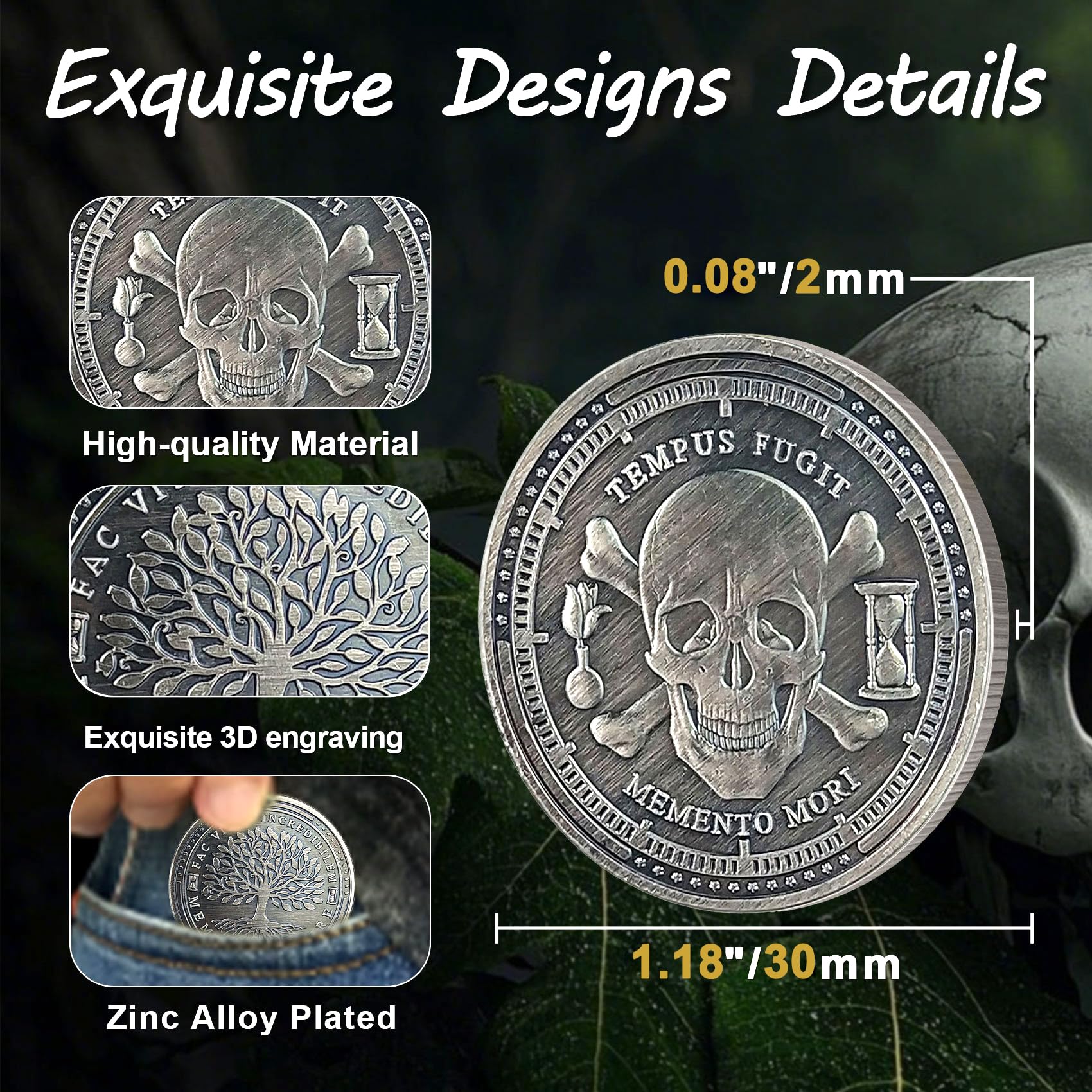 ACGZQY Memento Mori Coin - Tree of Life Memento Vivere Coin Skull Stoic Reminder Sobriety Token DEC Cool Recovery Medallion Gifts - Image 3