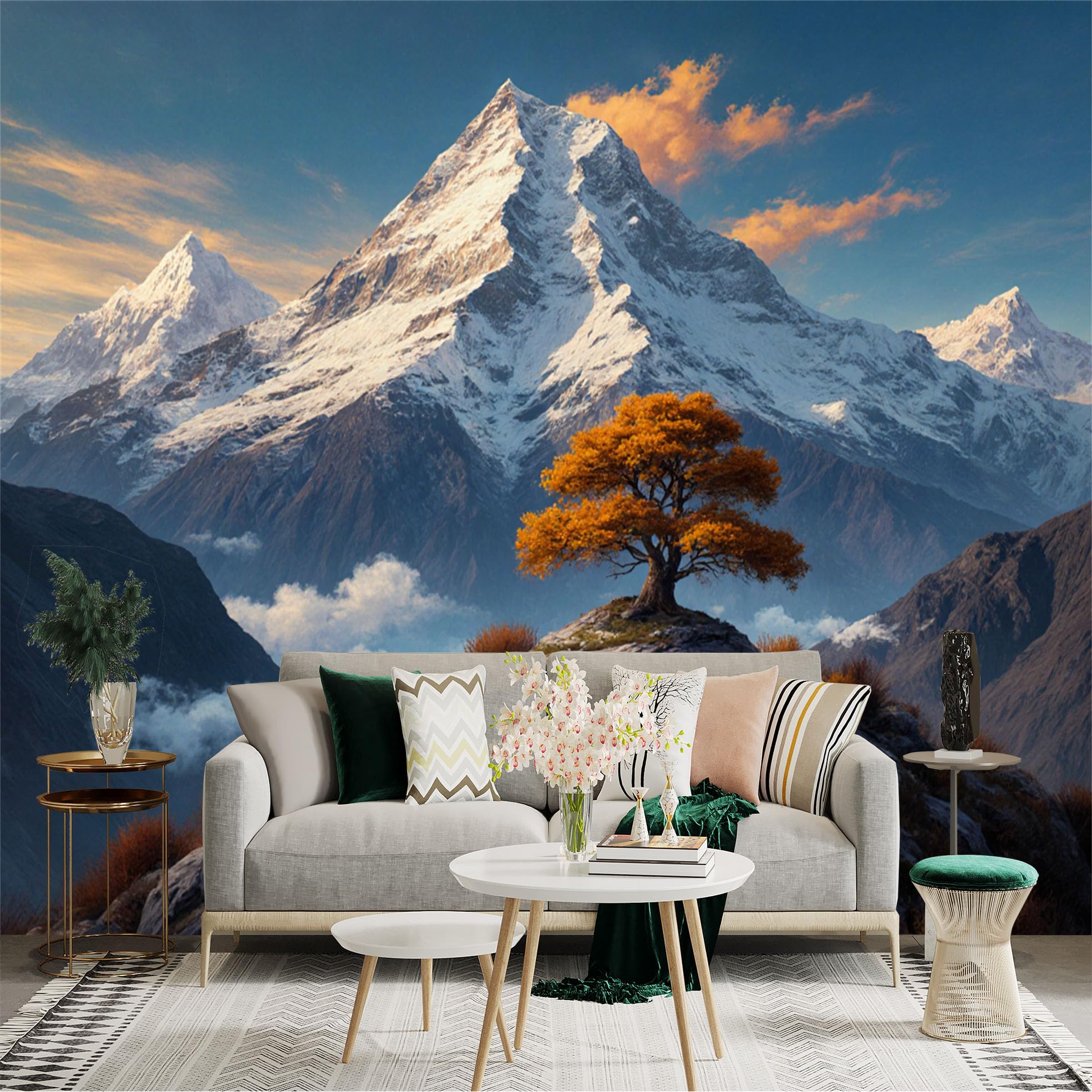 Lnzczhyre Xc260505120 Custom Size Wall Sticker Mural， Golden Autumn Tree On Rocky Cliff， Majestic Snow Capped Peaks， Dramatic Mountain Scenery， For Wall Decoration， Peelandstick Wall Decals.