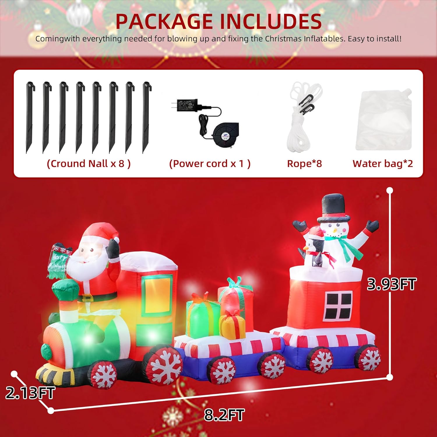 8 FT Christmas Inflatables Santa Train Inflatable,Snowman, Penguin, Gift Boxes,LED Christmas Train Inflatable Party Holiday Outdoor Garden Lawn Yard Decorations - Image 4