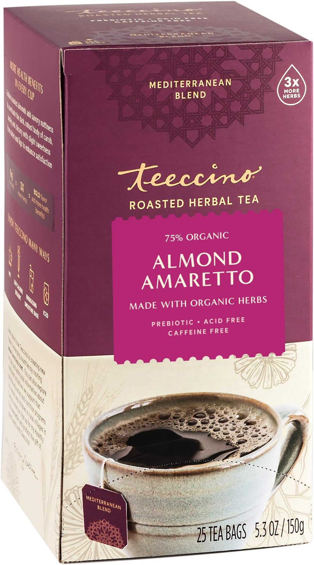 Herbal Tea - Almond Amaretto - Rich & Roasted Herbal Tea That's Caffeine Free & Prebiotic for Natural Energy, 25 Tea Bags