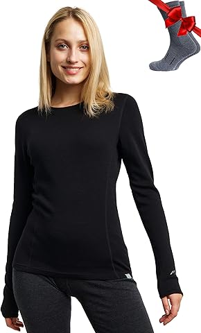 Merino.tech Camiseta Lana Merino Mujer - 100% Merino Camiseta Interior Termica Mujer Ligero, Medio, Pesado con Calcetines