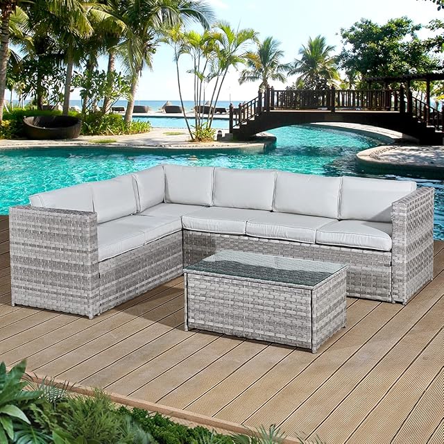 Oseasons Acorn Rattan 6 Seat Corner Sofa Set in Dove Grey with Light Grey Cushions